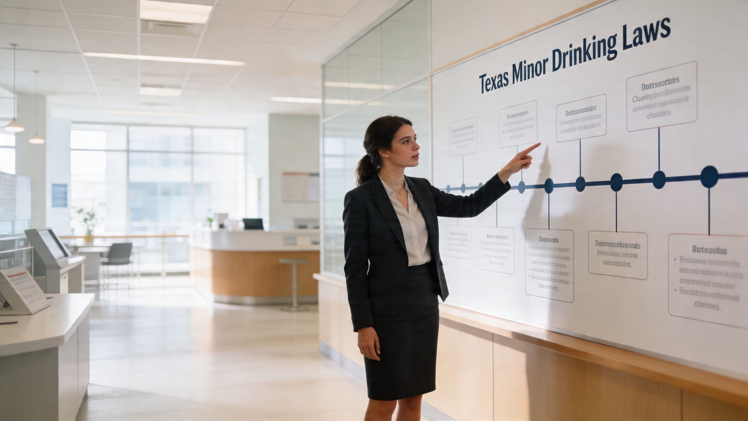 A professional woman in a suit pointing to a whiteboard diagram about Texas minor drinking laws.