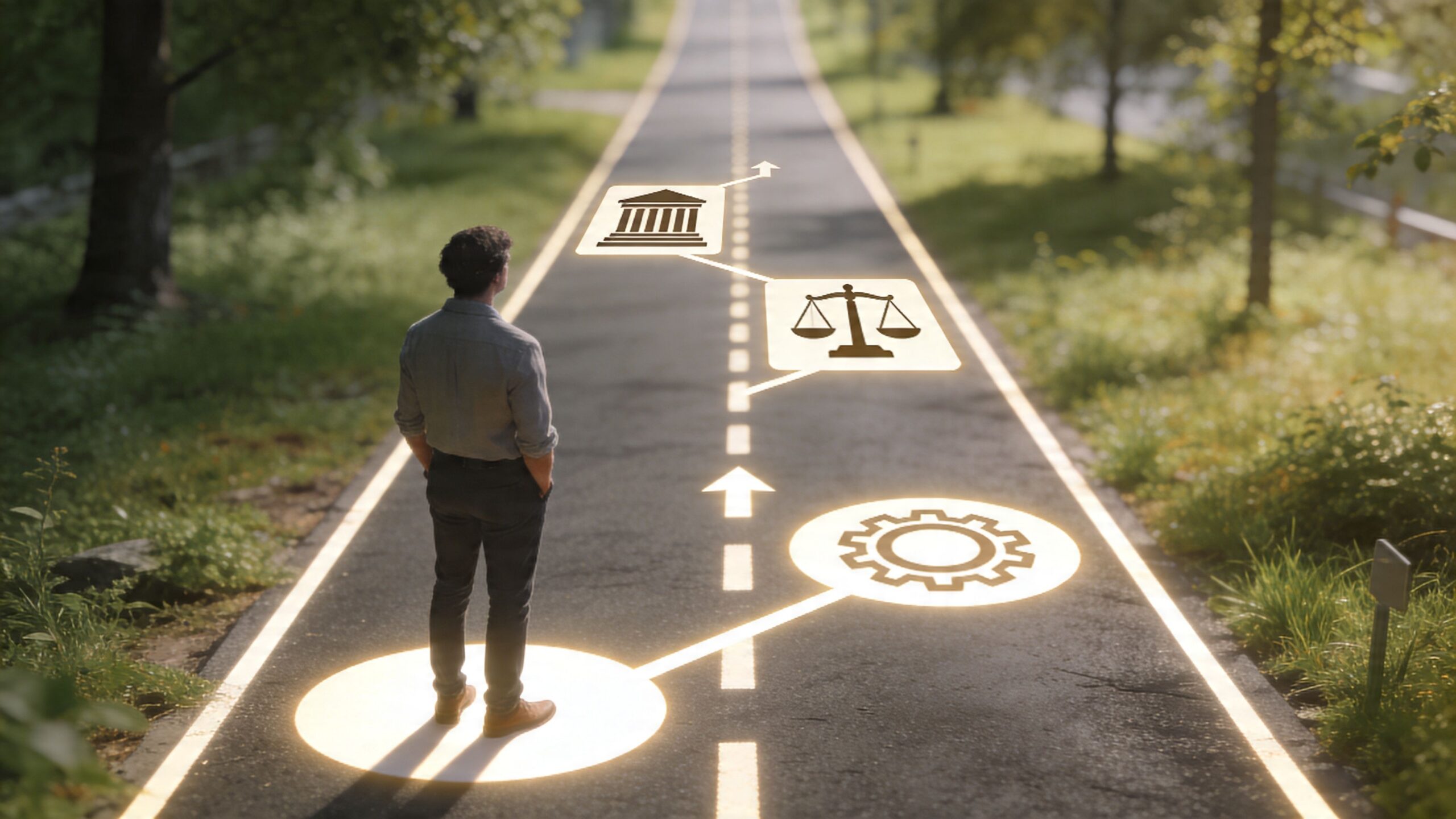 A man standing on a path looking toward glowing symbols representing law, justice, and system development.