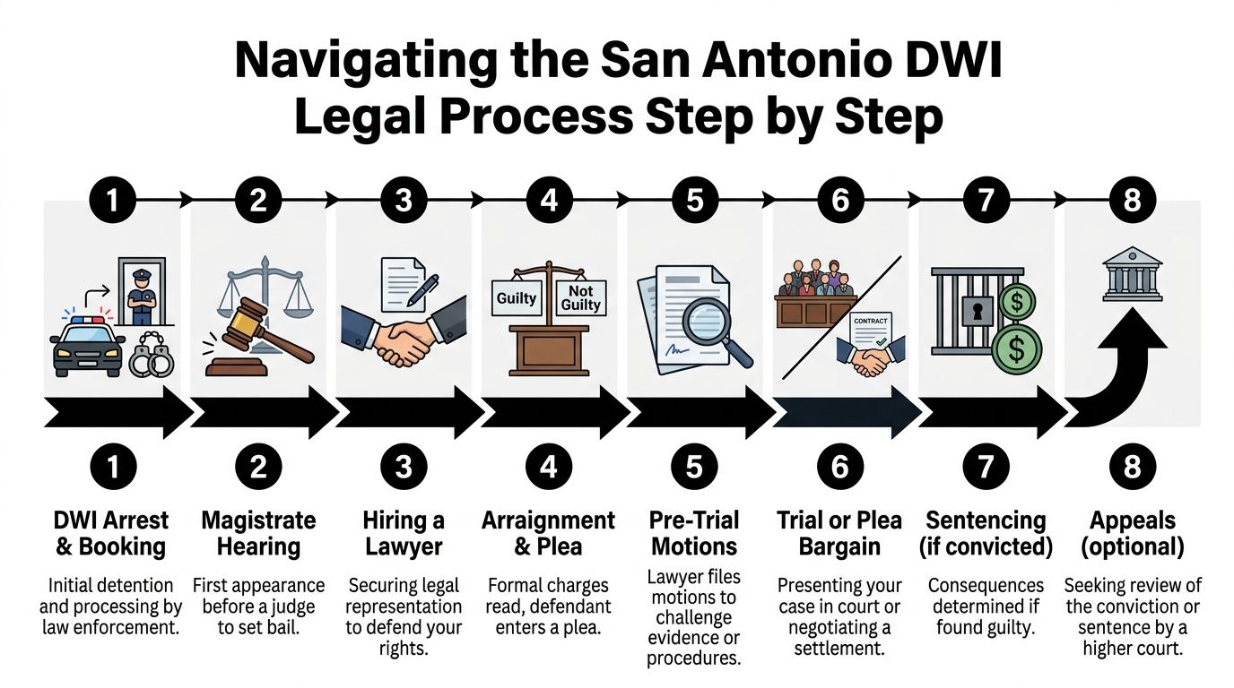 An infographic illustrating the eight steps of the San Antonio DWI legal process from arrest to appeals.