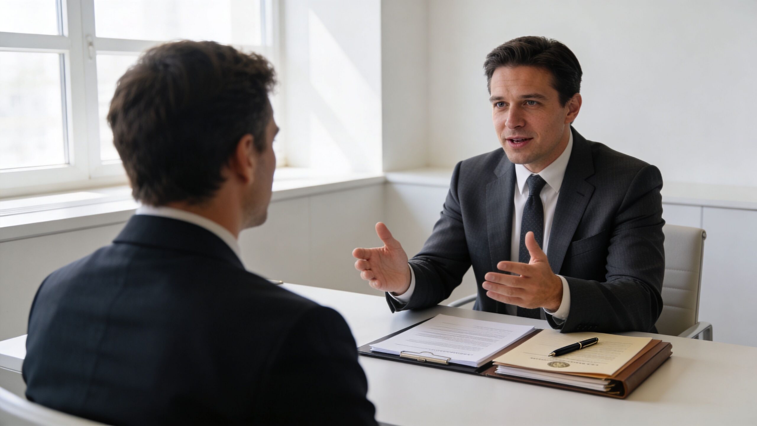 A professional lawyer in a suit discussing legal matters with a client across a desk.