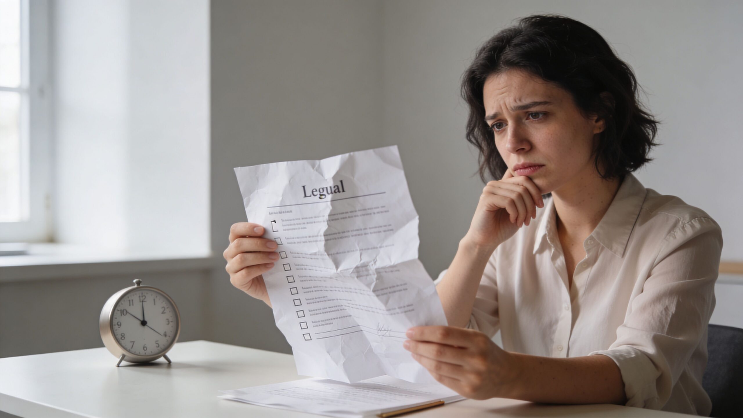 A concerned young woman reading a crumpled legal document while sitting at a desk with an alarm clock.