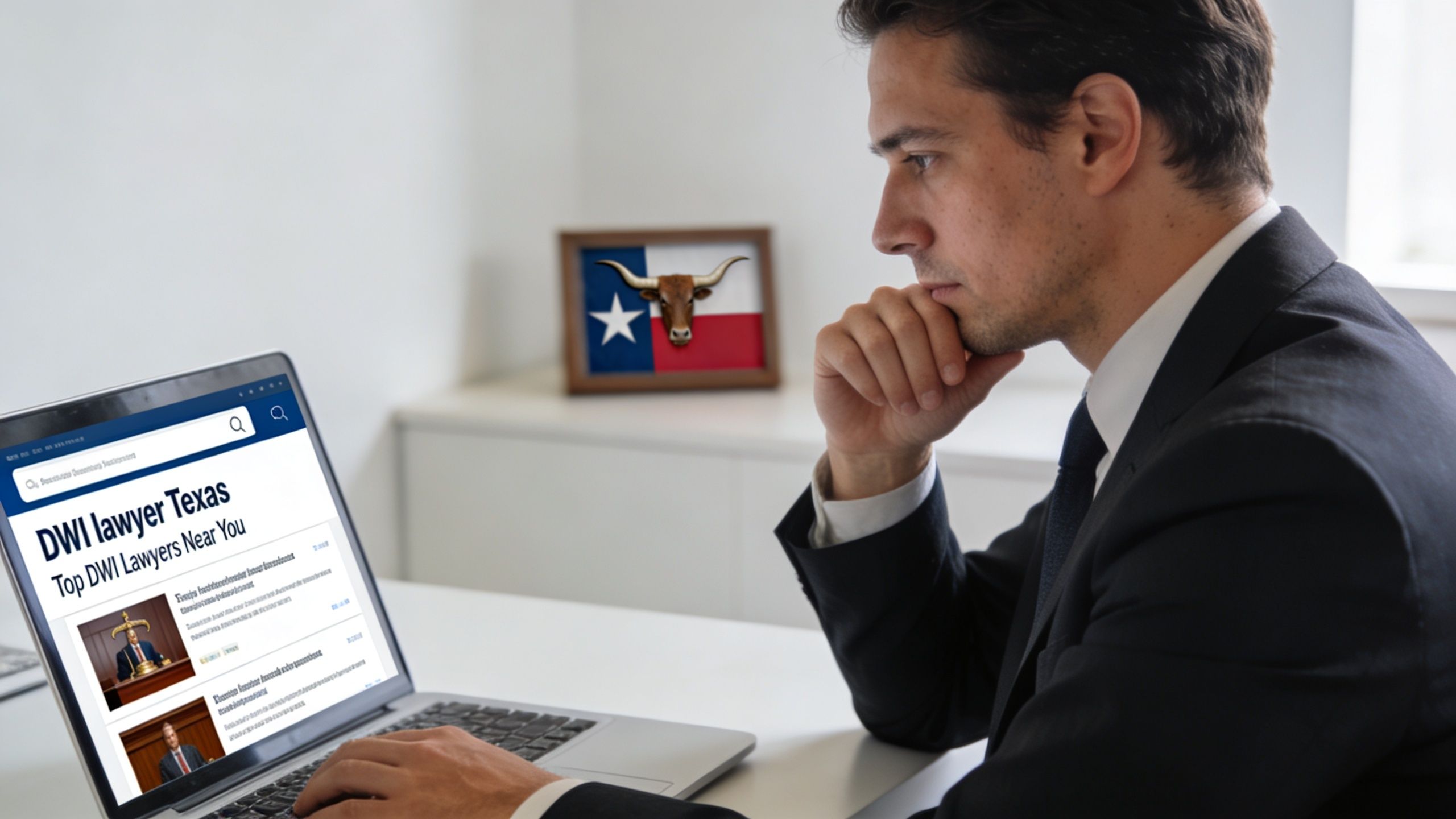 A professional man in a suit searching for a top DWI lawyer in Texas on his laptop.