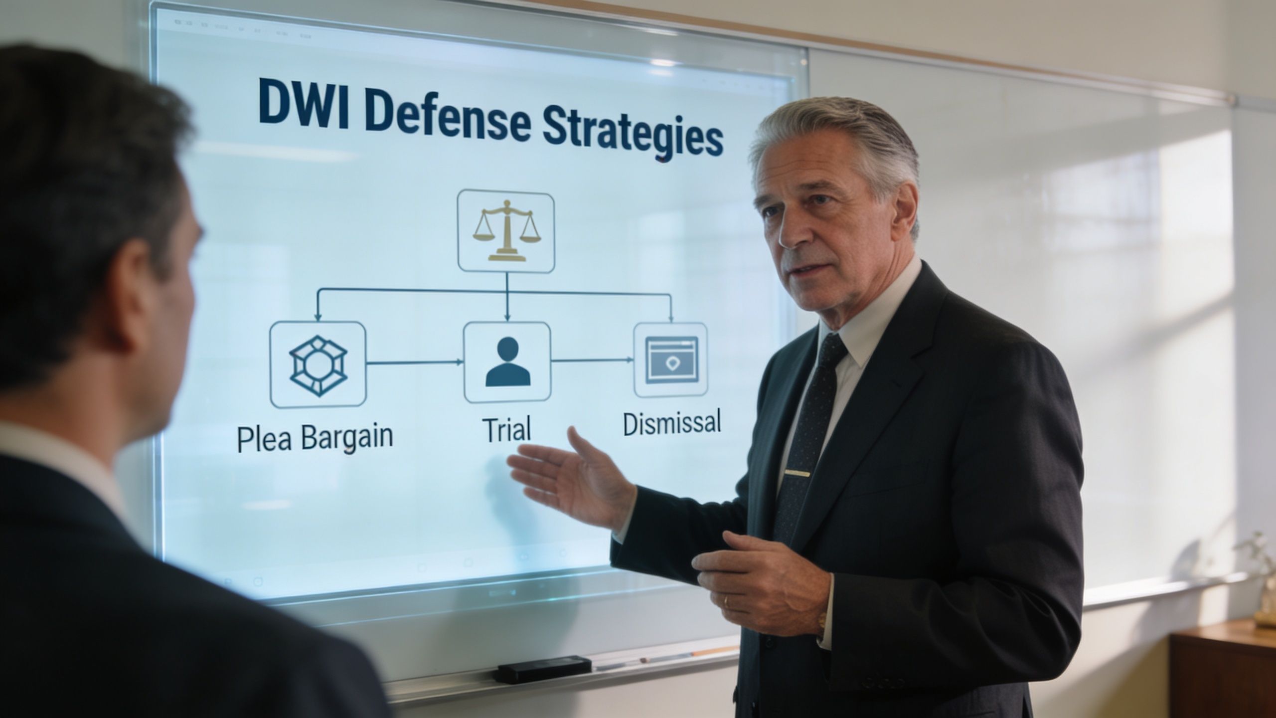 A professional lawyer explaining DWI defense strategies like plea bargains, trials, and dismissals to a client.