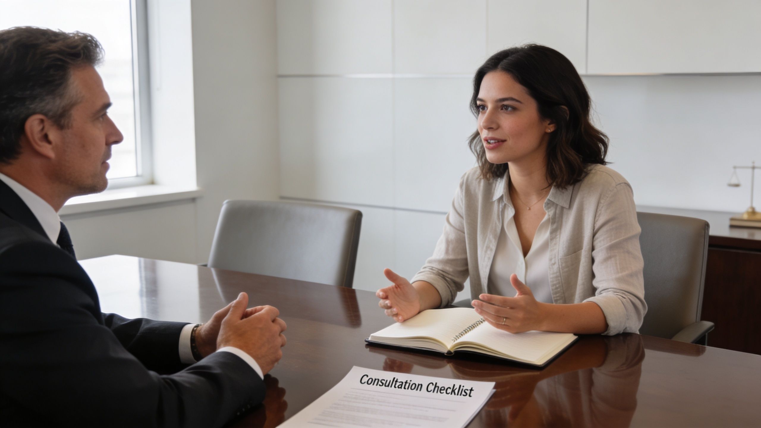 A professional lawyer having a consultation with a female client at a desk with a checklist.