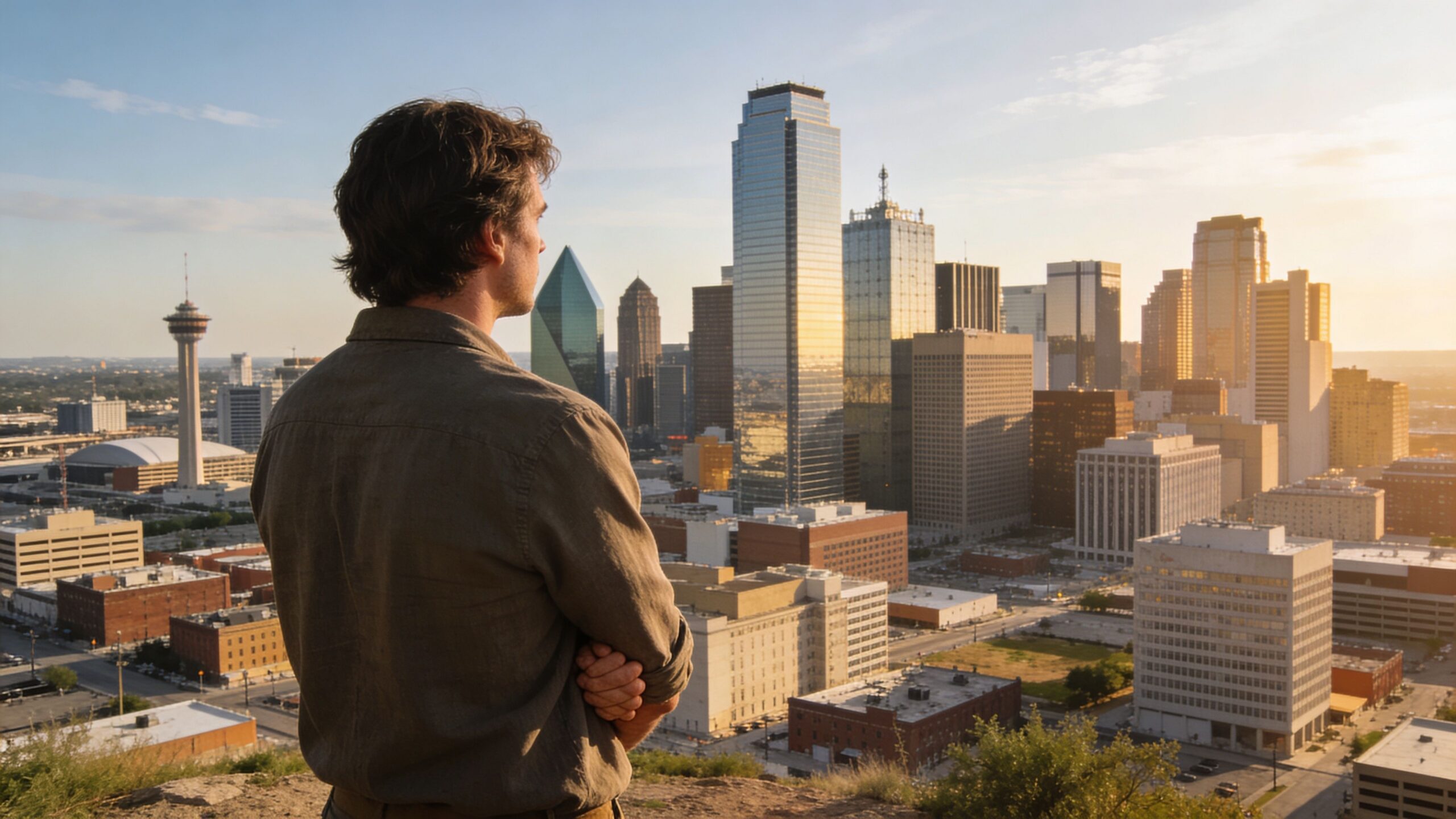A man stands on a hill looking out over the Dallas downtown skyline during golden hour.