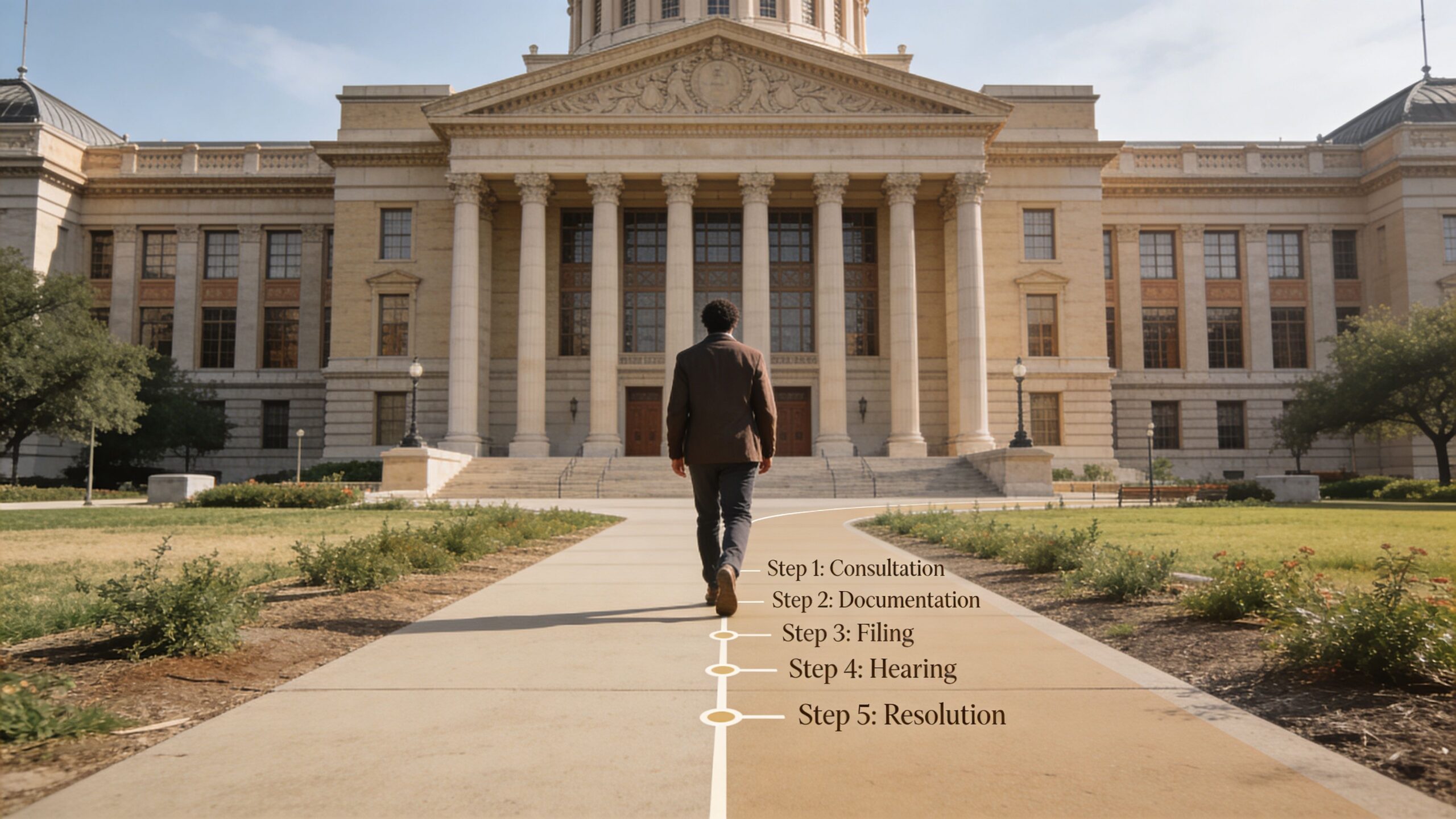 A person walks toward a courthouse representing the five steps of the expungement legal process.