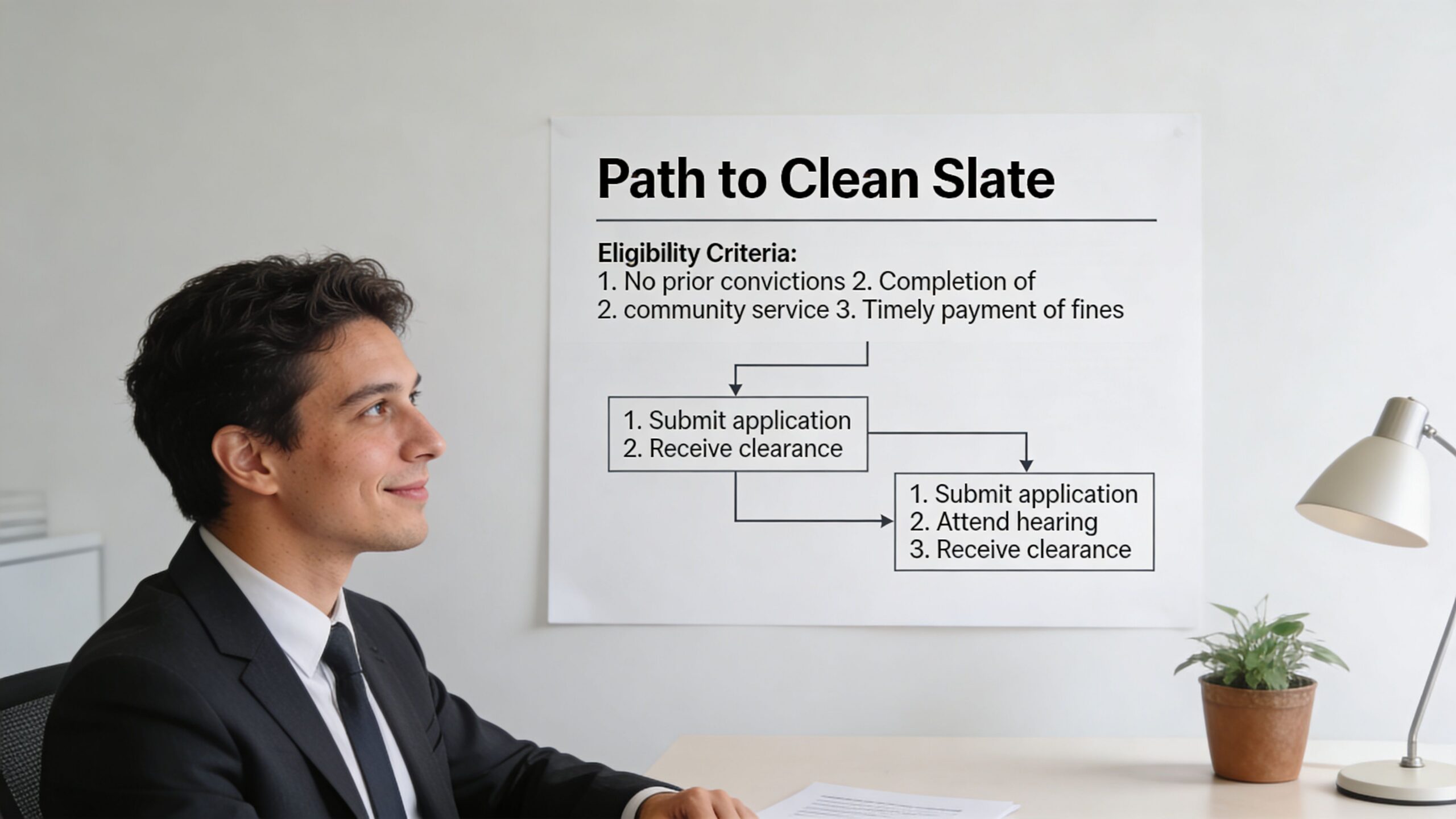 A professional man in a suit looking at a poster about the steps for expungement eligibility.