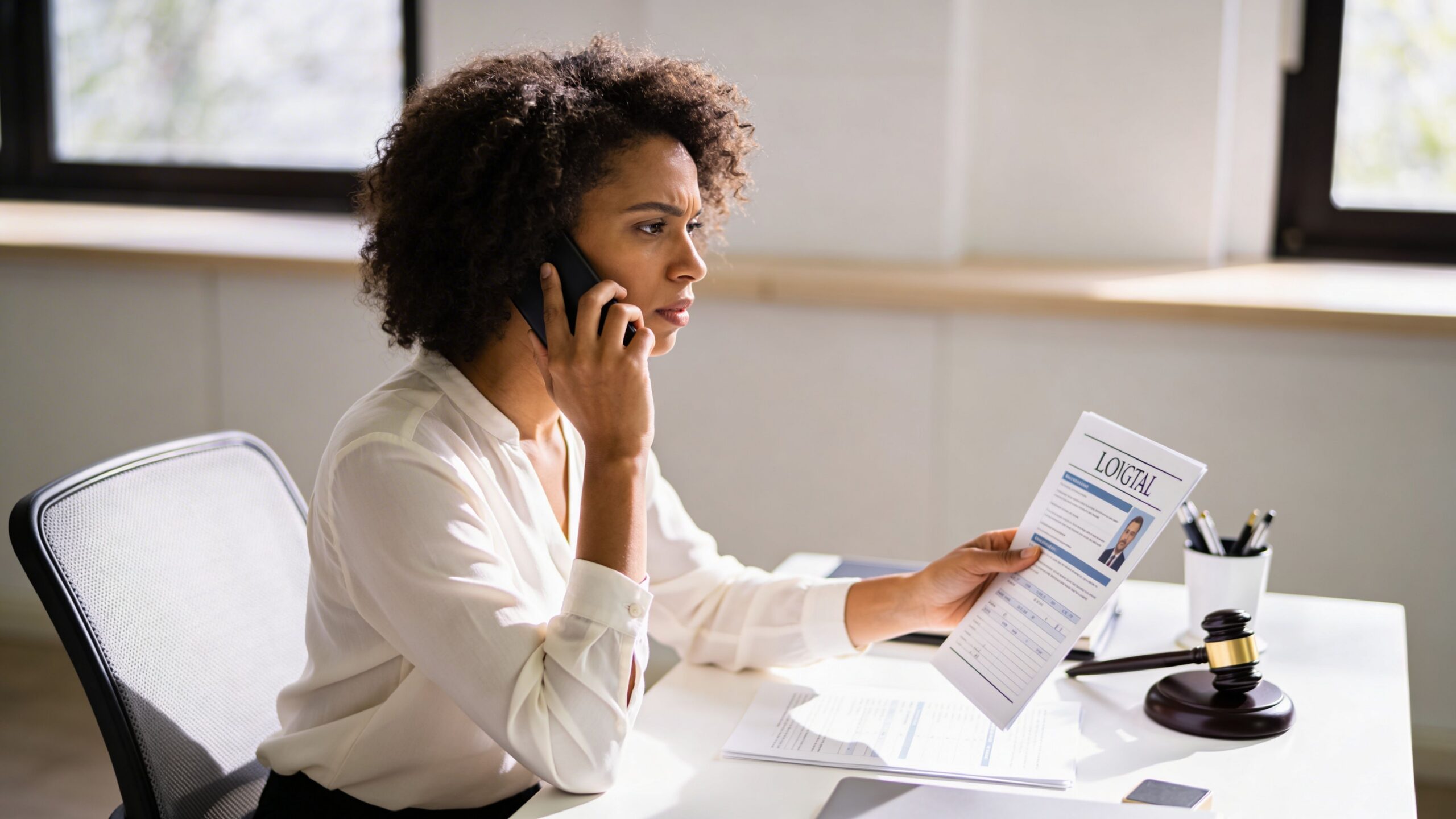 A concerned female lawyer reviewing legal documents while on a phone call at her office desk.