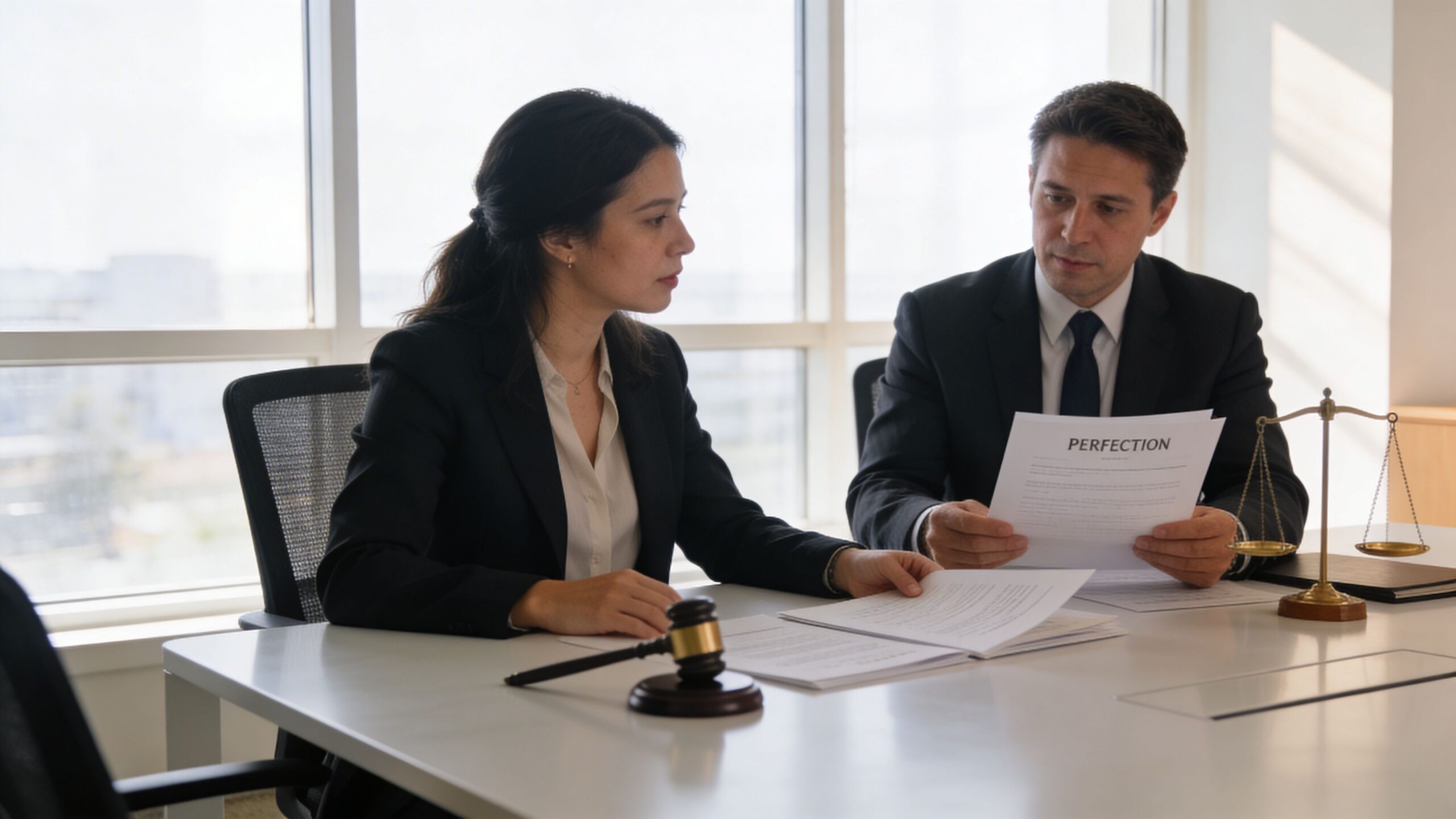 A professional man and woman in business suits reviewing legal documents in a bright, modern law office.