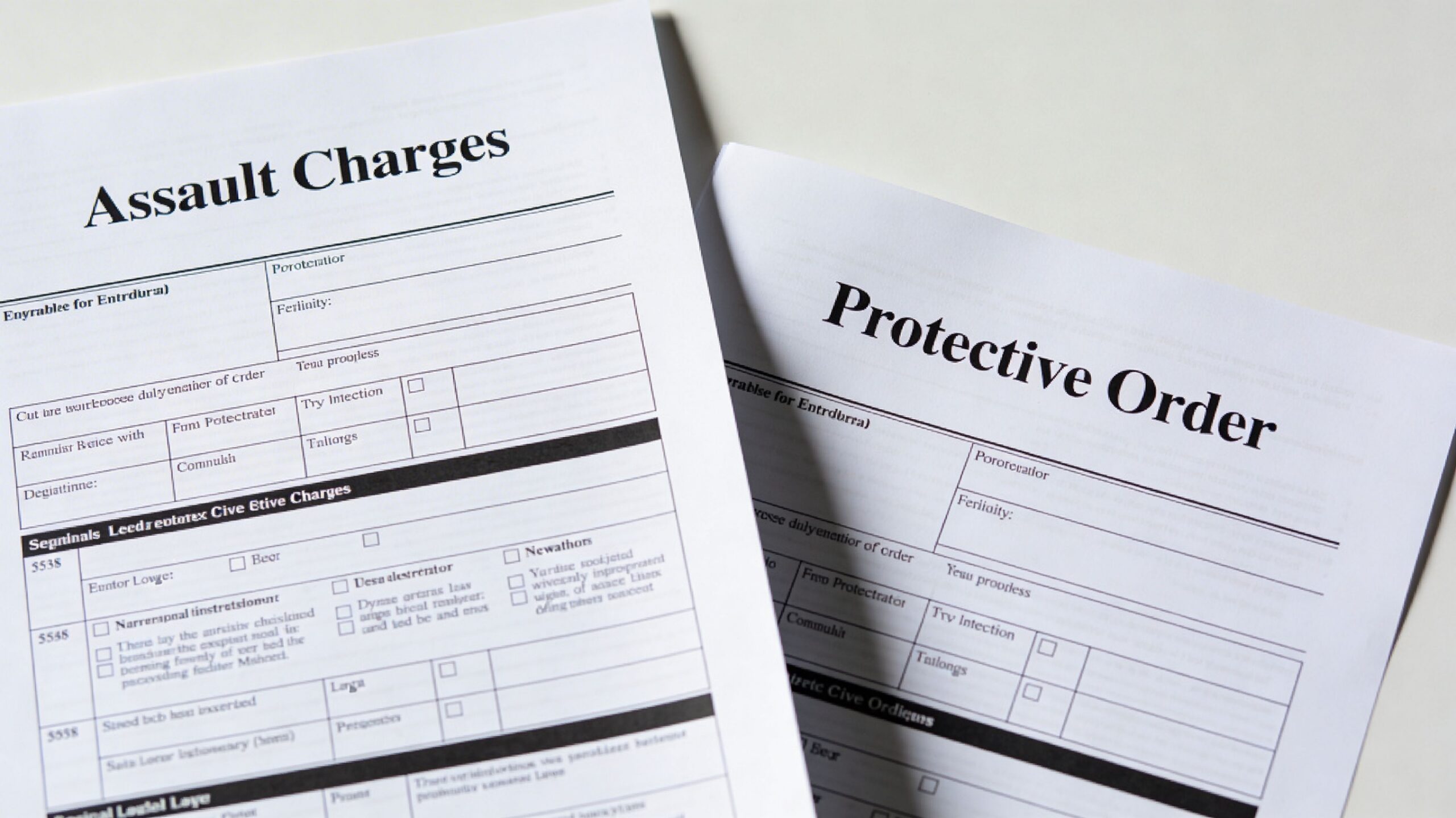 A photo of legal documents labeled Assault Charges and Protective Order resting on a plain white surface.