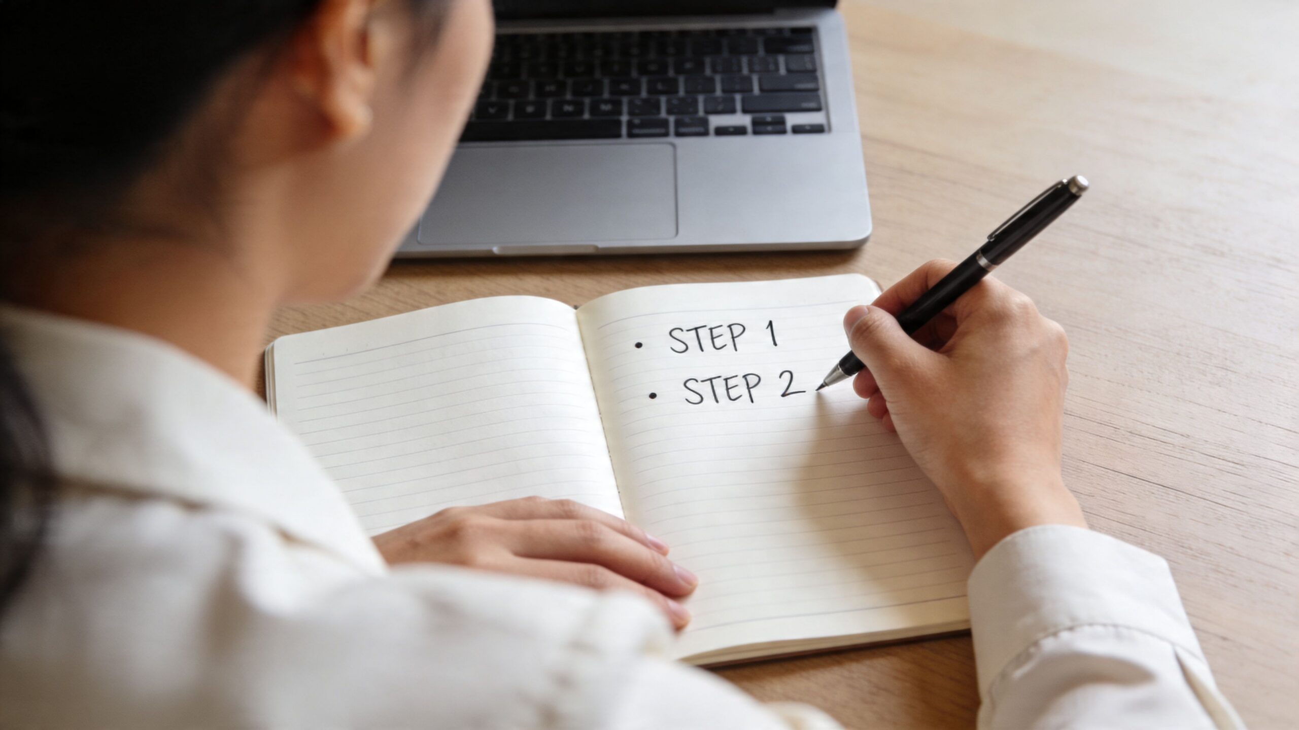 A person writing the words step one and step two into a notebook while working at a desk.