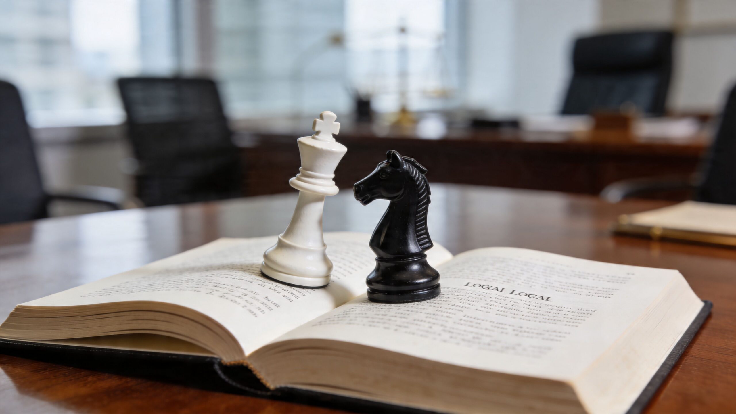 A white king and a black knight chess piece stand on an open legal book.