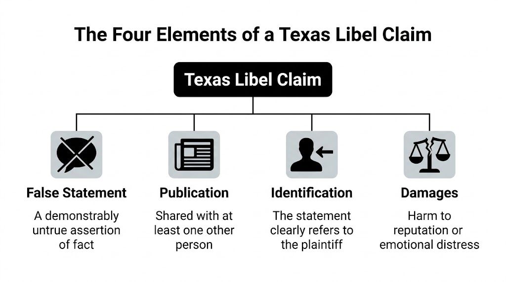 A diagram outlining the four legal elements of a Texas libel claim: false statement, publication, identification, and damages.