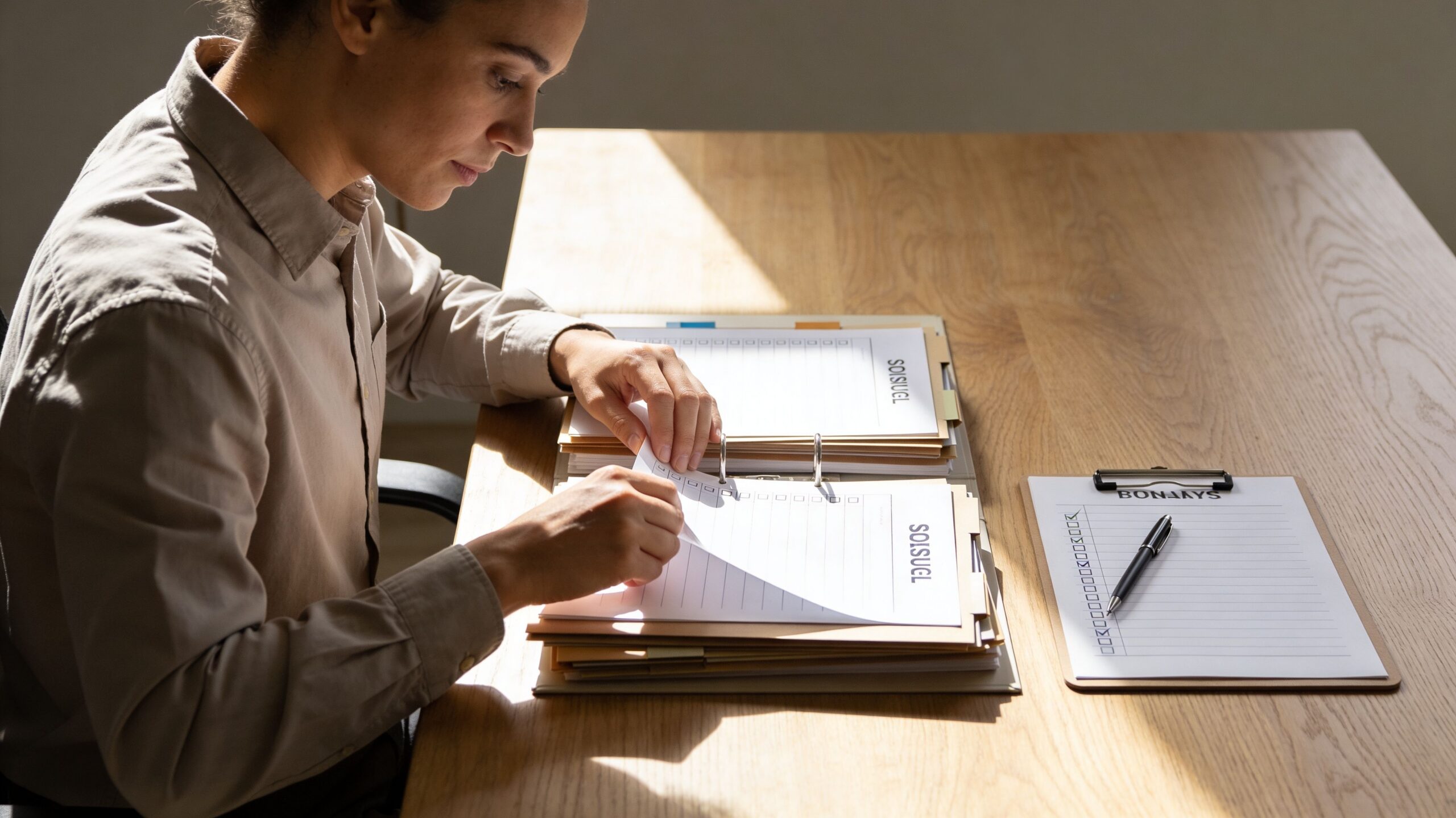 A professional woman in a light shirt reviewing legal documents and checklists in an organized office setting.