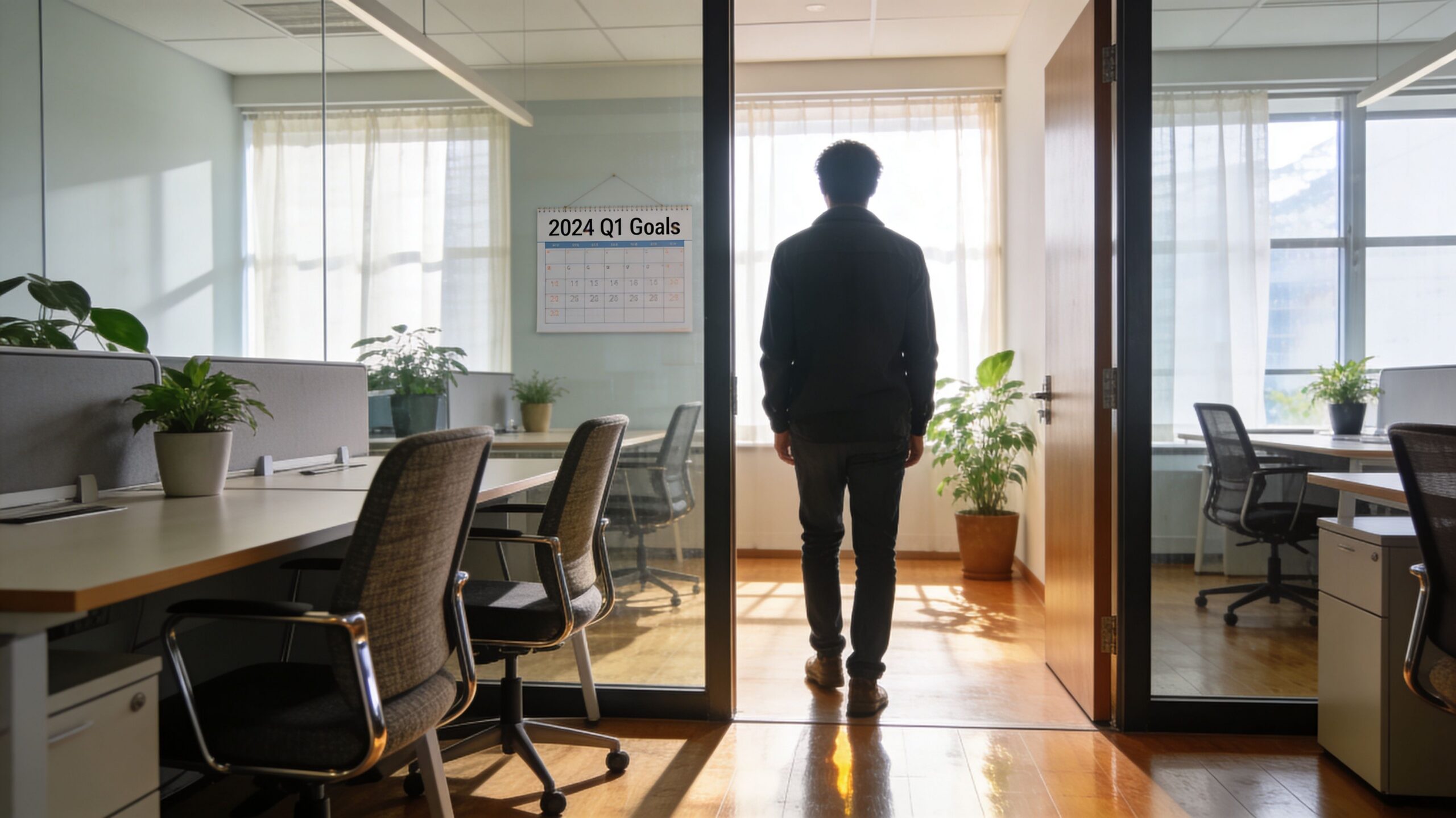 A person standing in an office doorway facing a calendar titled 2024 Q1 Goals on the wall.