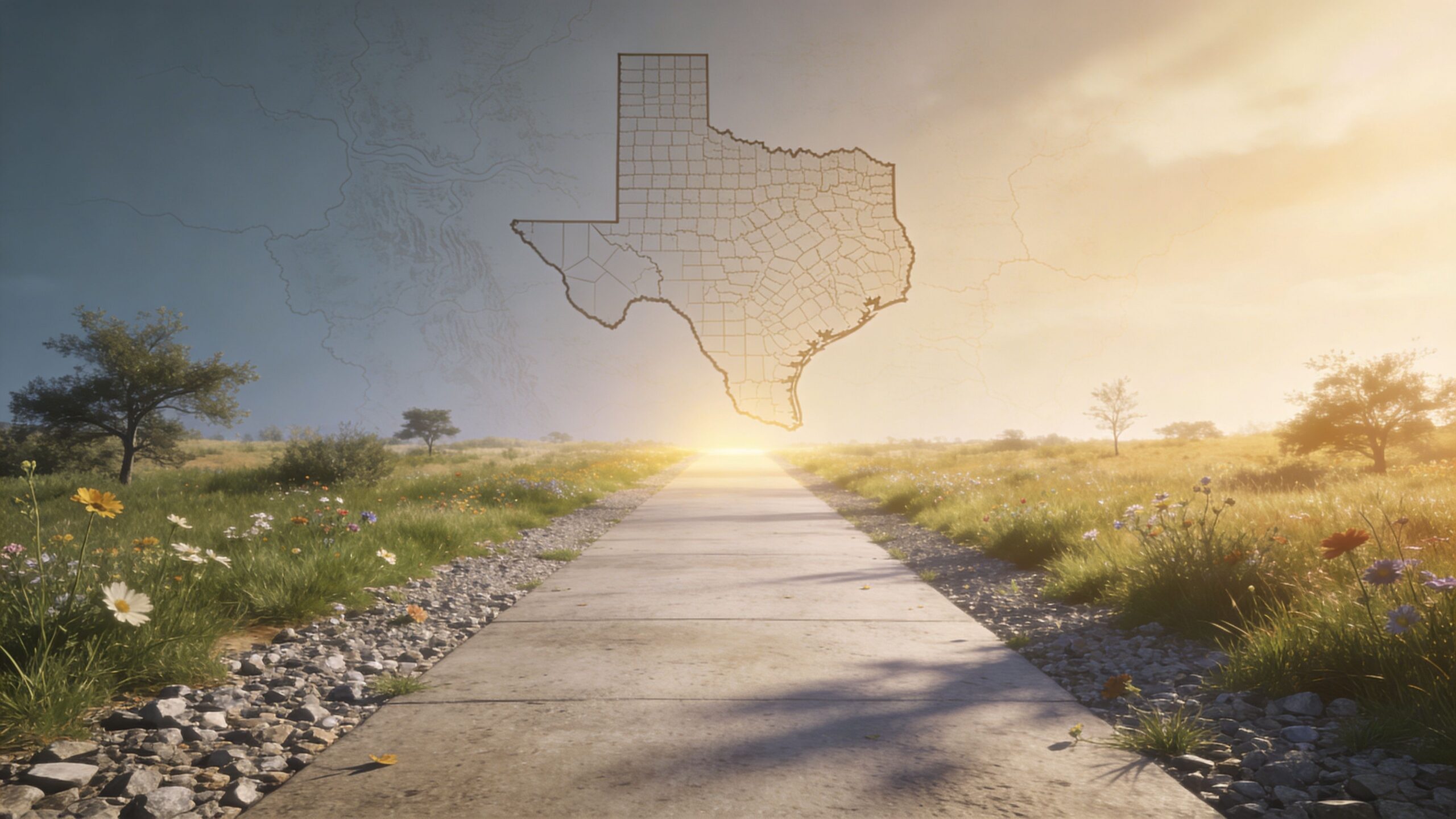 A scenic path leads toward a glowing sunset with a map of Texas hovering in the sky.