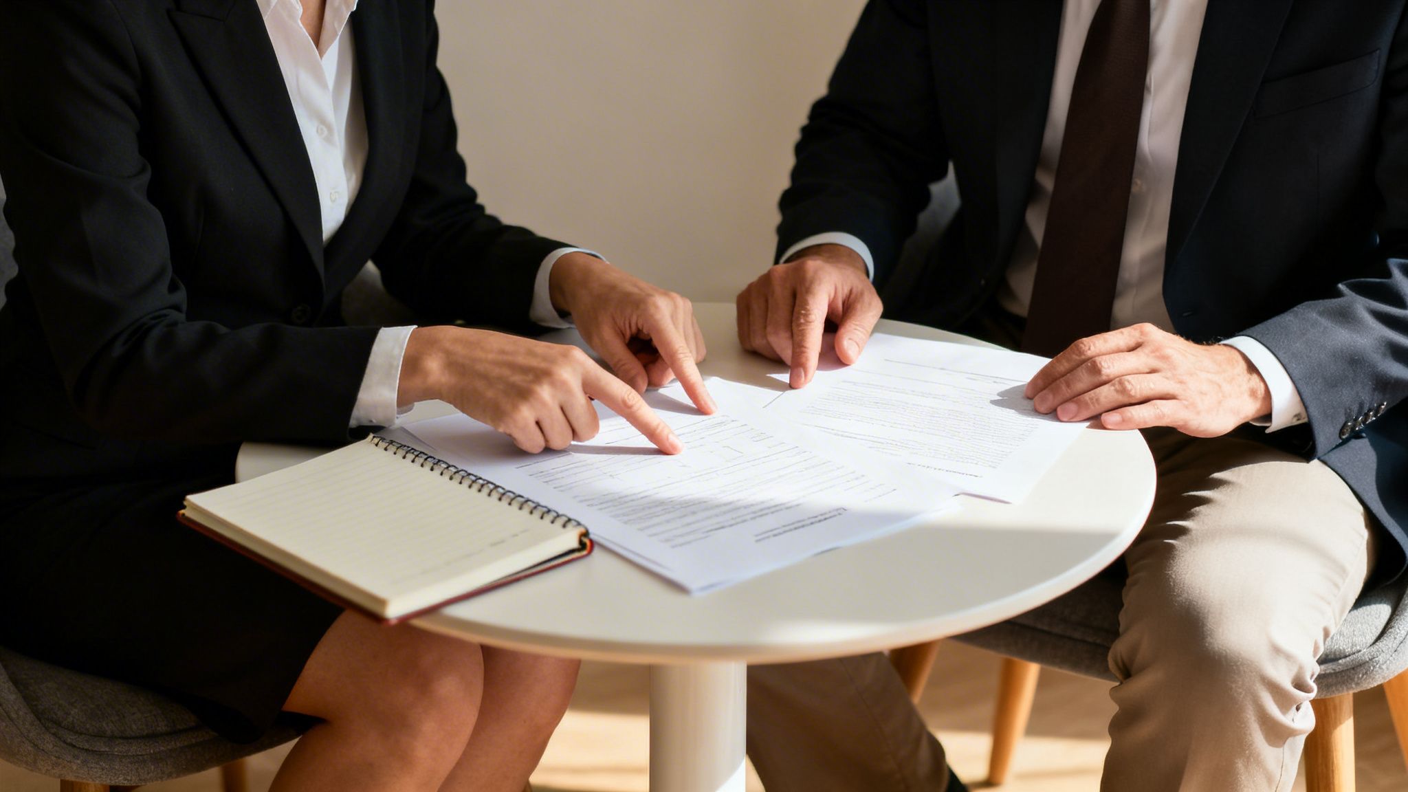 Two business professionals discussing documents and contracts at a table during a meeting.