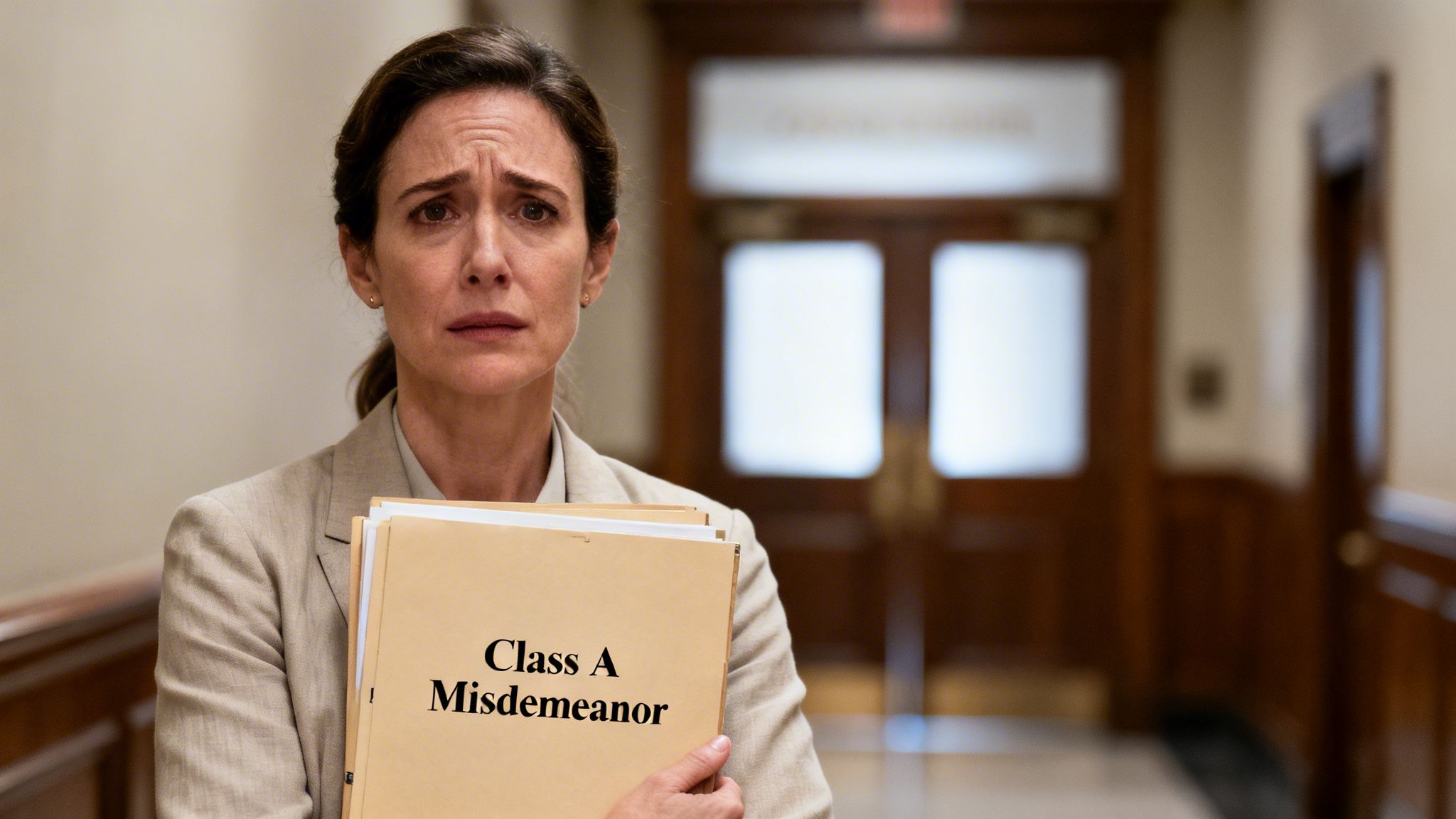 A distraught woman holds legal folders, one labeled 'Class A Misdemeanor', in a courthouse hallway.