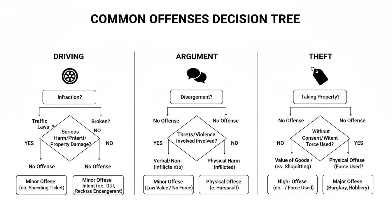 A decision tree flowchart classifying common offenses related to driving, arguments, and theft categories.
