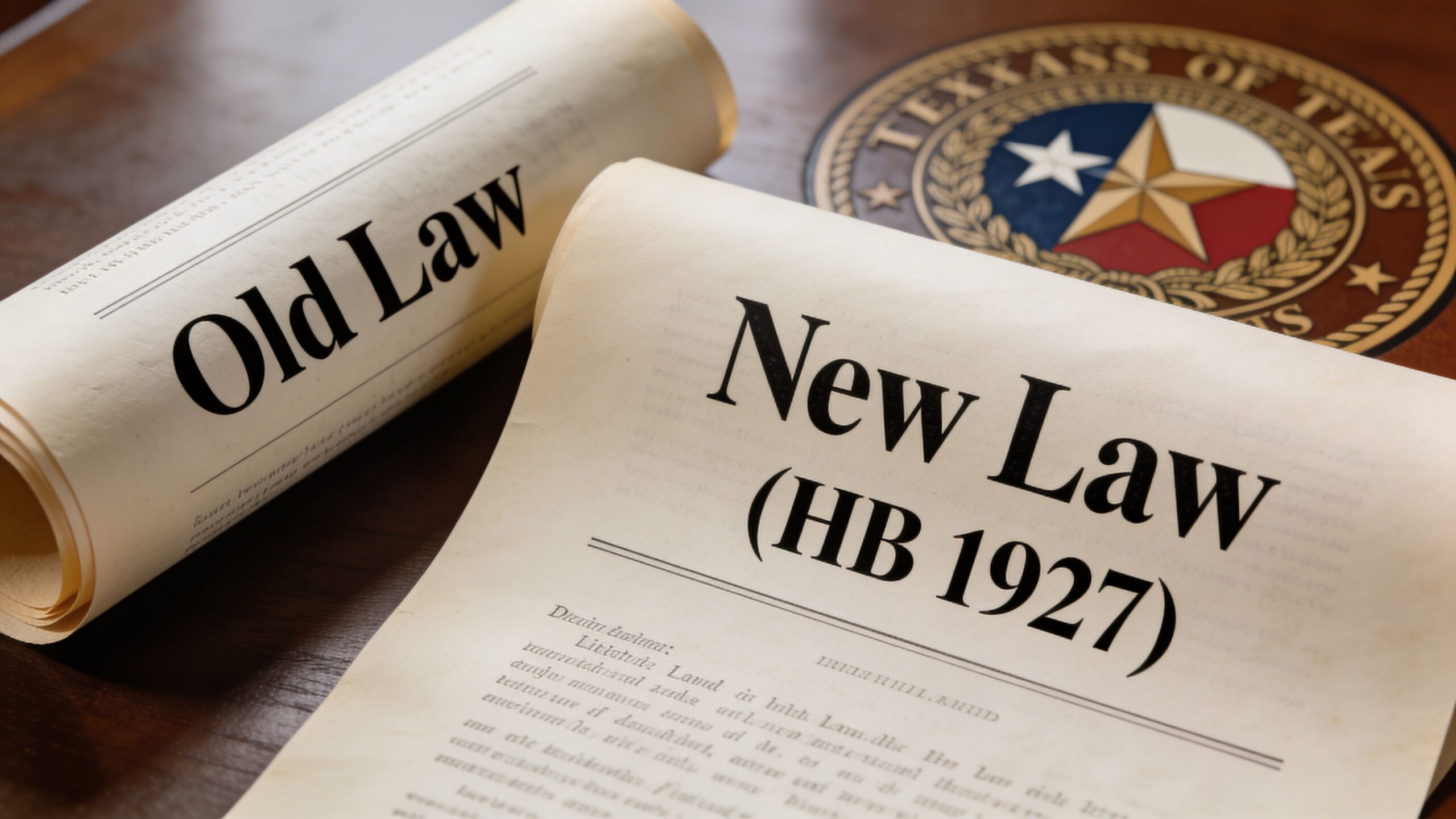 A conceptual image showing papers labeled Old Law and New Law HB 1927 with a Texas seal.