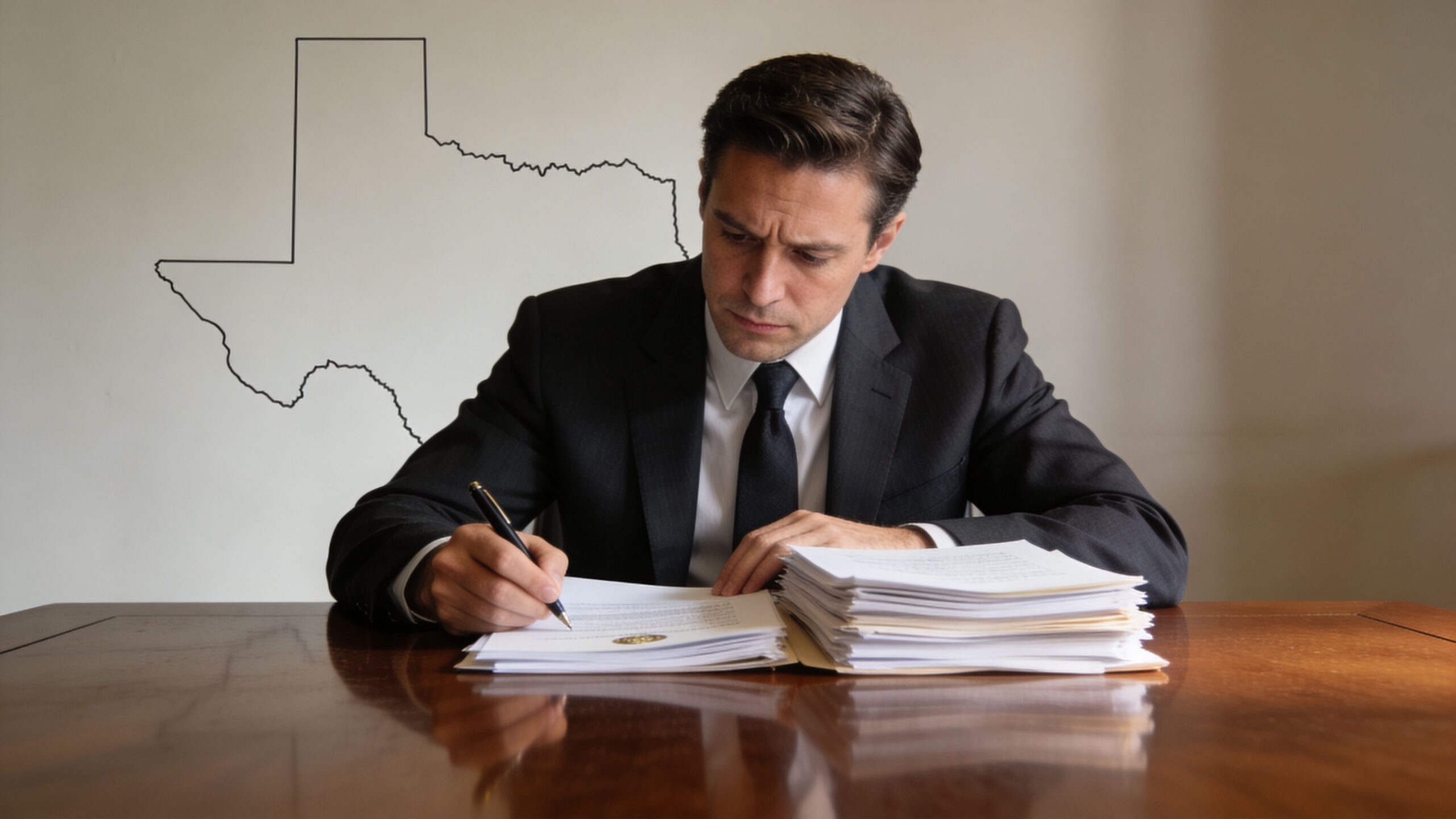 A professional man in a suit signs legal documents with a Texas outline visible in the background.
