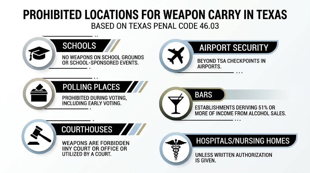 An infographic detailing prohibited locations for carrying weapons in Texas, including schools, airports, polling places, bars, and courthouses.