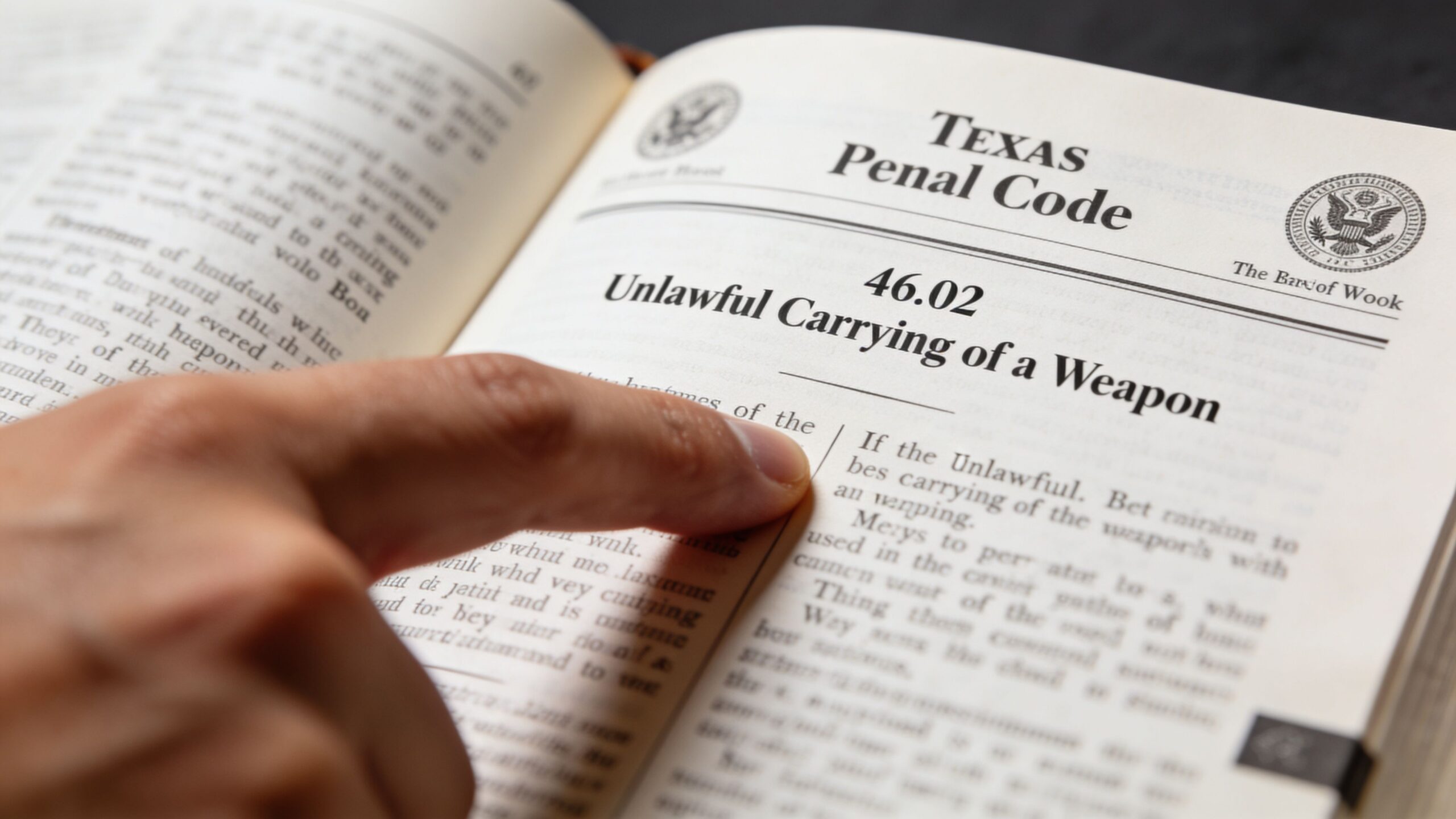 A hand pointing at the Texas Penal Code statute 46.02 regarding the unlawful carrying of a weapon.
