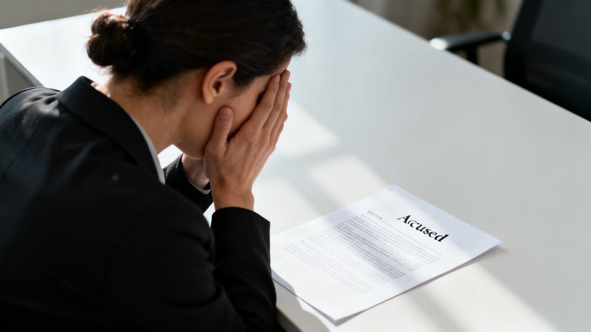 A distressed woman in a business suit sitting at a desk with an accusation document.