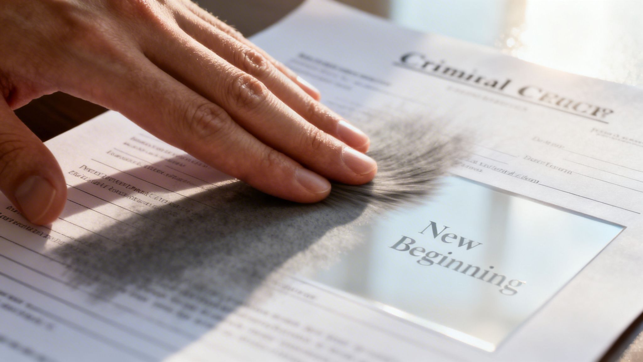 A person placing their hand on a document titled Criminal Check with the words New Beginning visible
