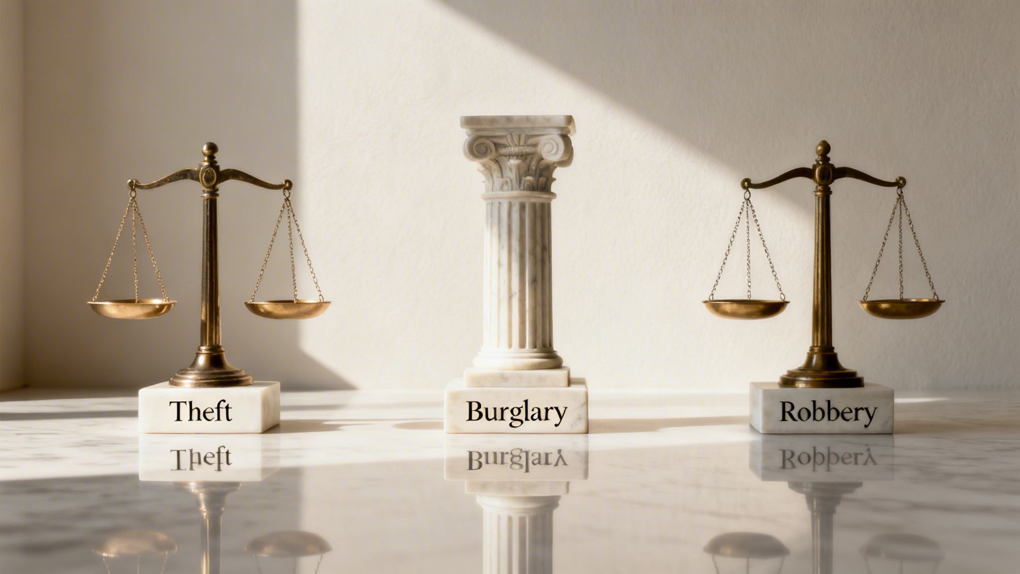 A conceptual image featuring balances of justice and a marble column labeled Theft, Burglary, and Robbery.