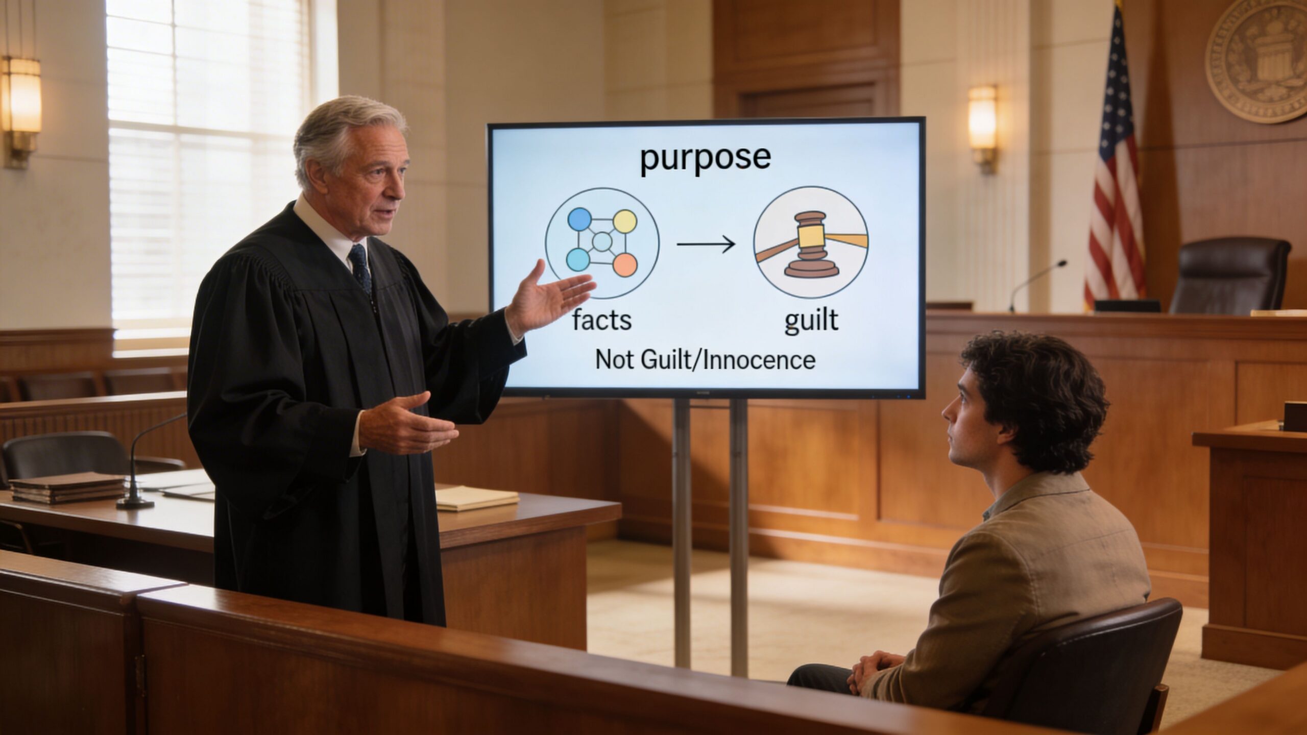 A judge in a courtroom explains legal concepts using a screen to a young man sitting nearby.