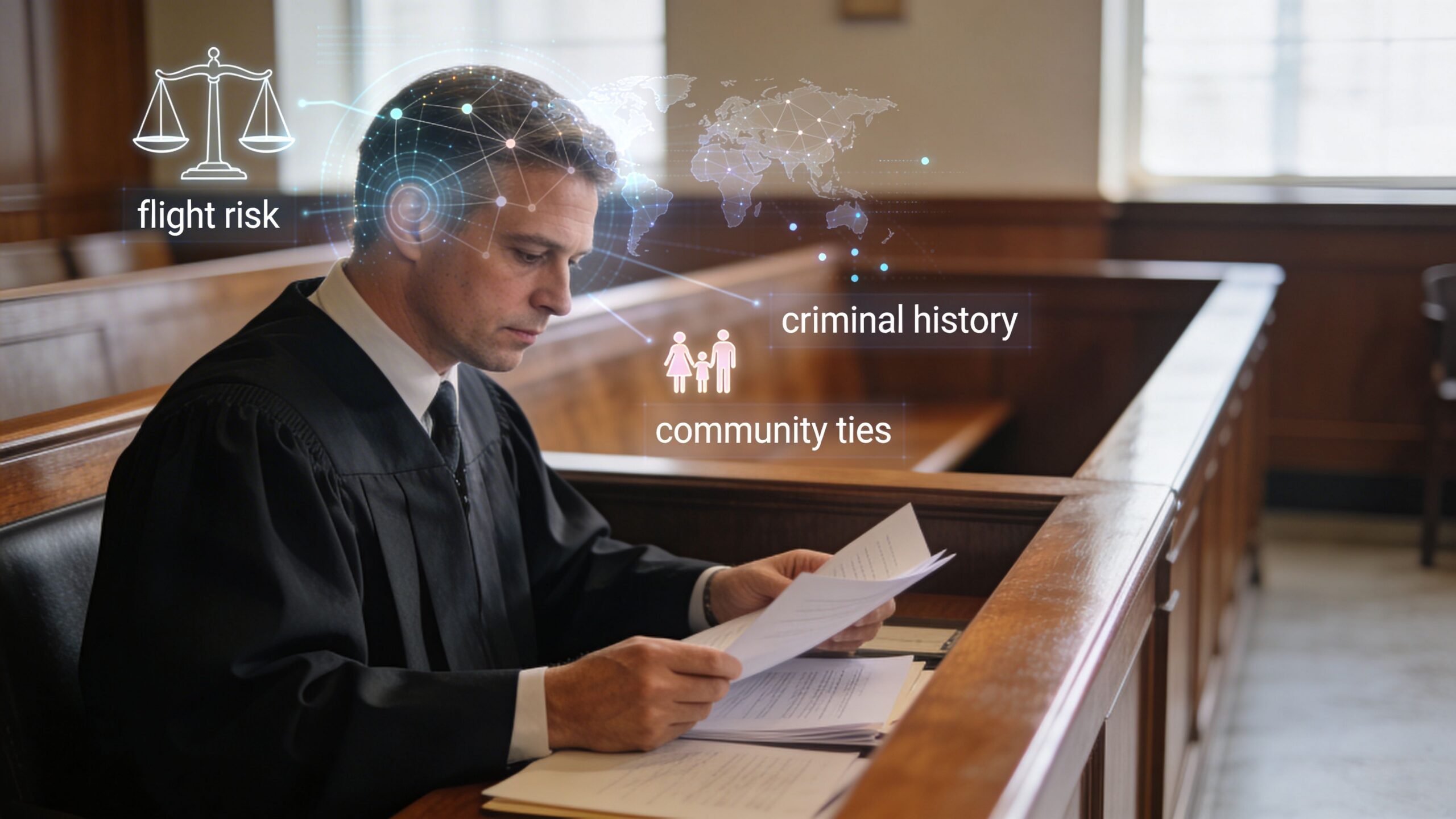 A judge in a courtroom examining documents with digital overlays representing legal data analytics and risk assessment metrics.