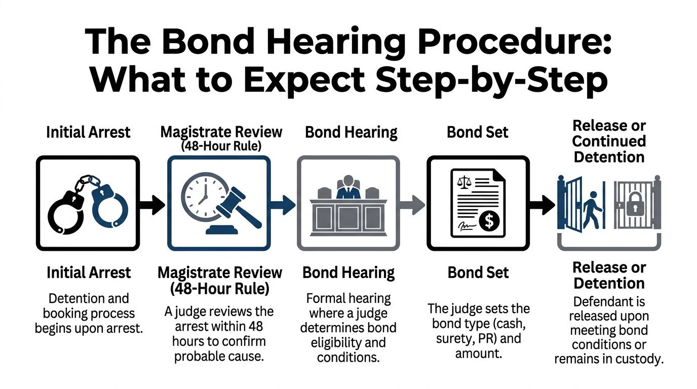 A flowchart infographic titled The Bond Hearing Procedure illustrating the steps from initial arrest to release or detention.