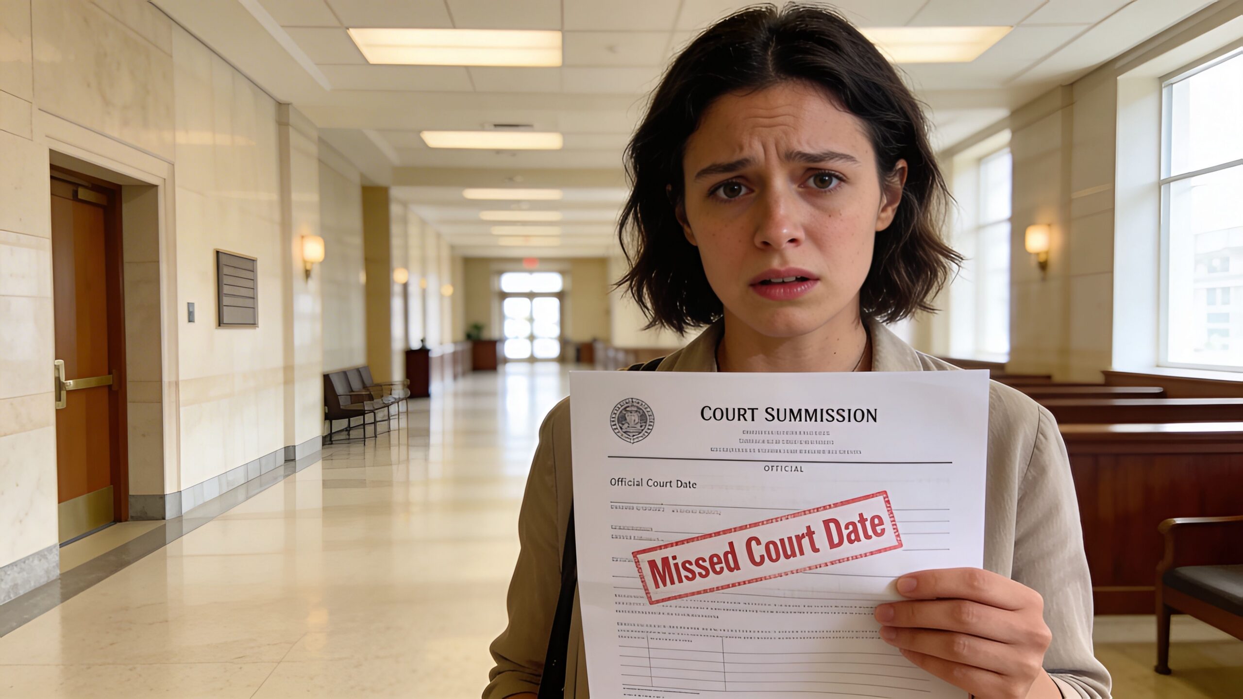 A distressed woman standing in a courthouse hallway holding a document stamped with Missed Court Date.