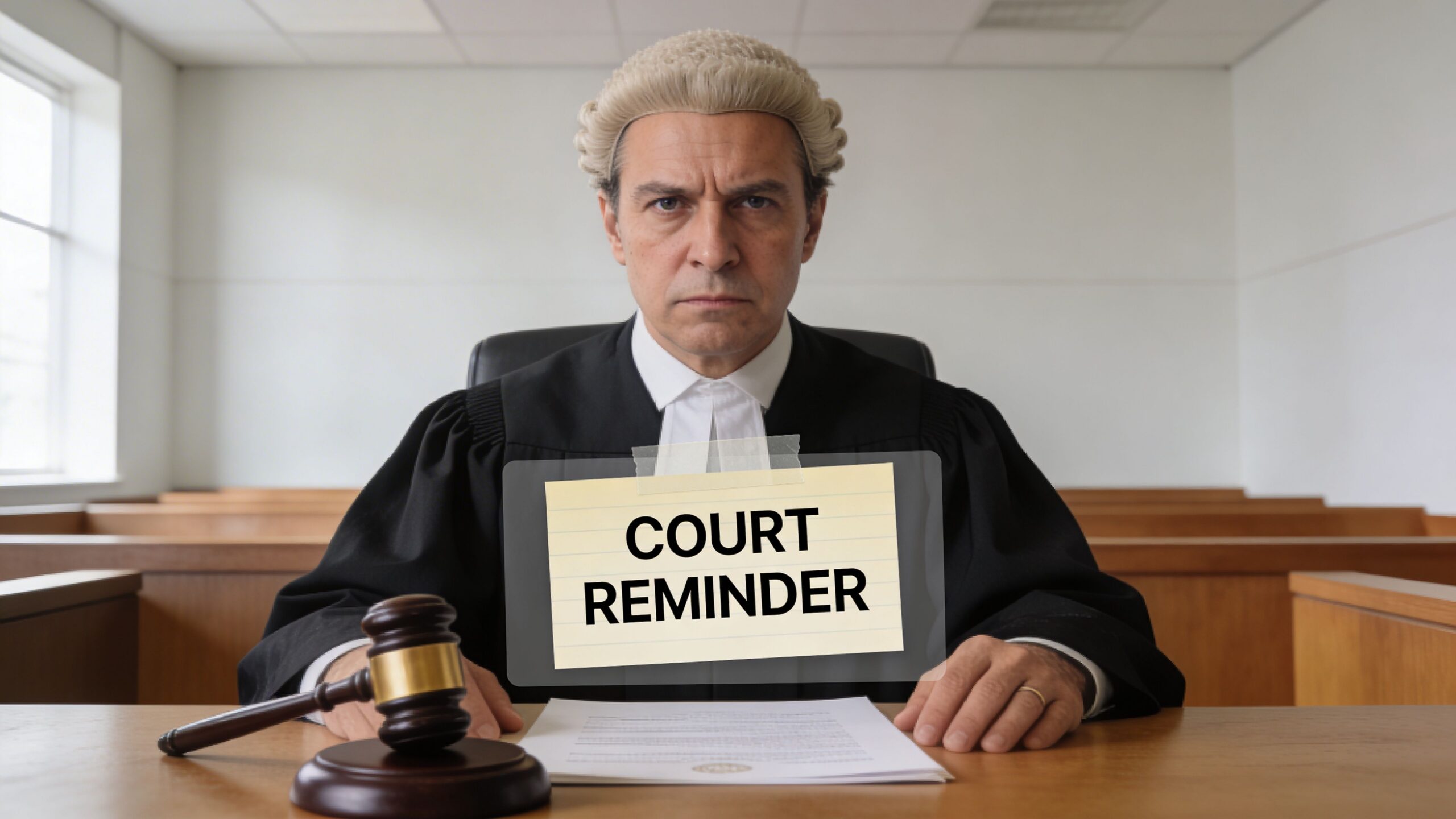 A stern judge in a courtroom setting sits behind a desk with a gavel and a court reminder note.