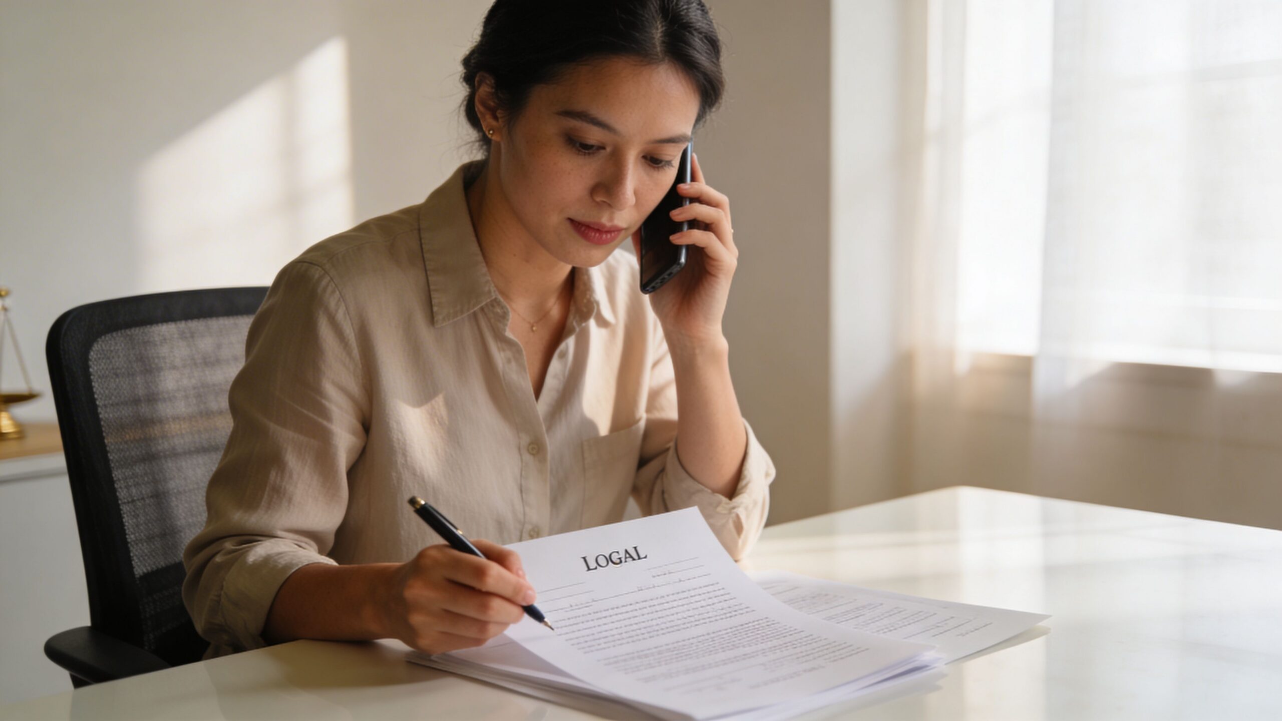 A professional woman in a beige shirt reviewing legal documents while talking on her smartphone at a desk.