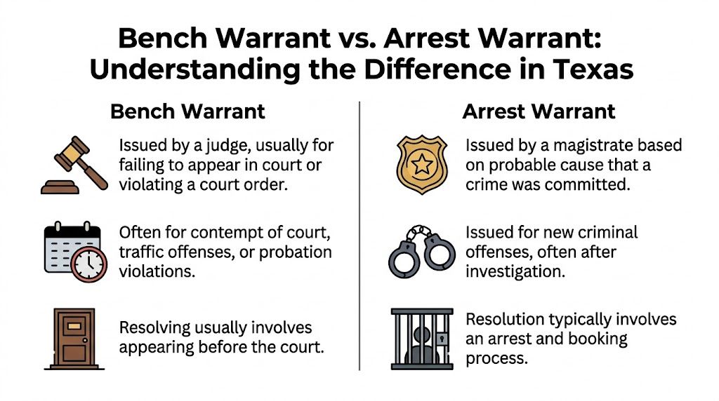 A comparison chart outlining key differences between bench warrants and arrest warrants within the Texas legal system.