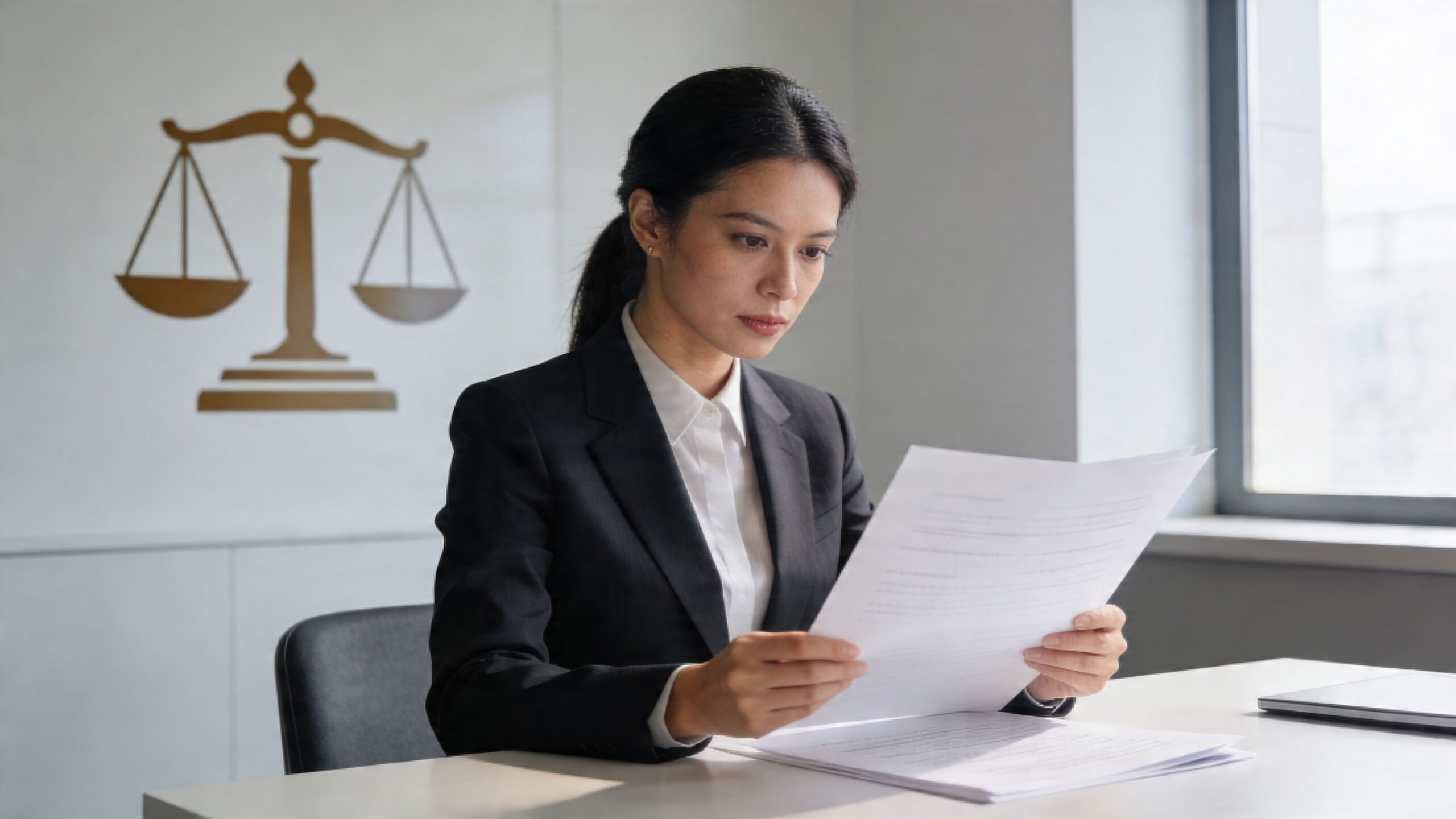 A professional lawyer in a business suit reviewing legal documents inside a modern law office.
