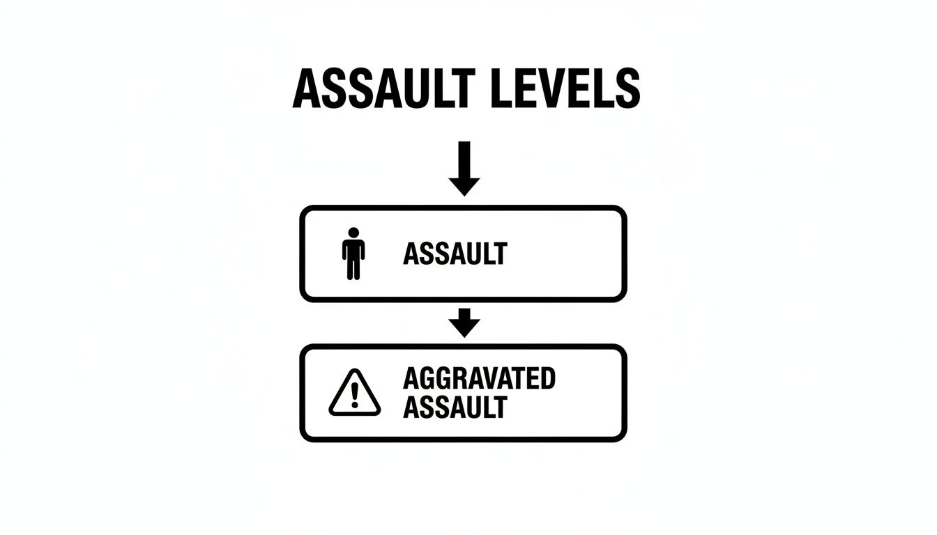 A flowchart titled 'Assault Levels' showing two stages: 'Assault' followed by 'Aggravated Assault'.