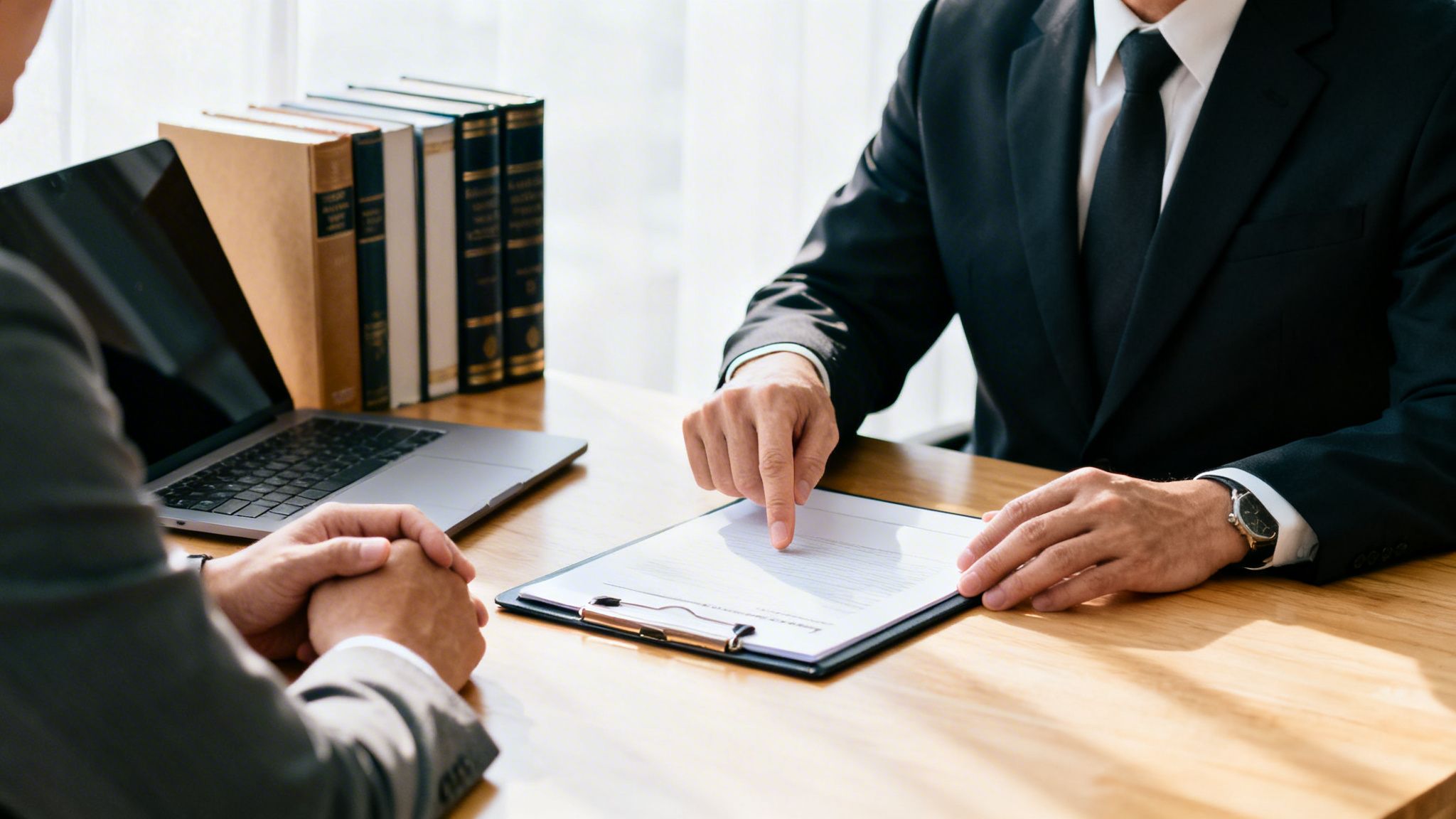 Two businessmen in suits discussing a document on a wooden desk with a laptop and books.