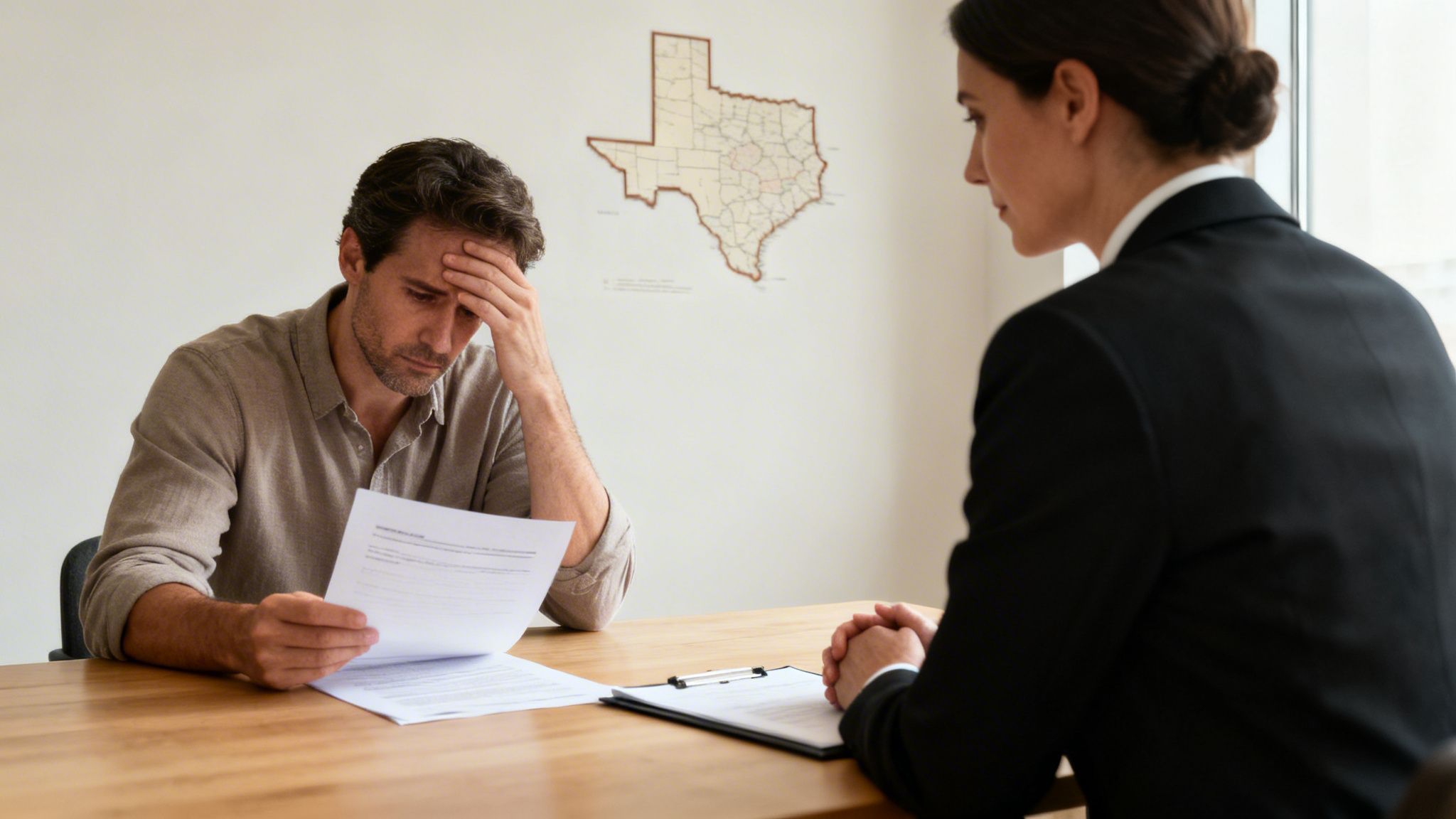 A distressed man holds papers while consulting with a professional in an office with a Texas map.