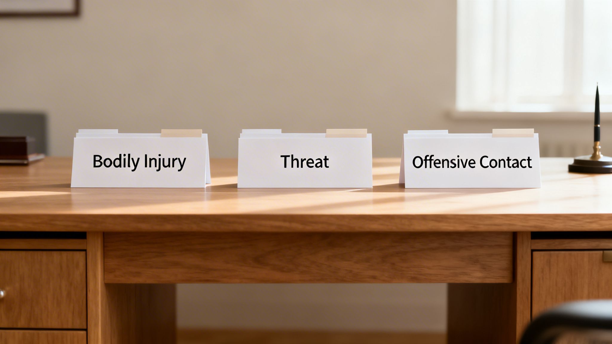 Legal concepts of bodily injury, threat, and offensive contact on file folders on a wooden desk.