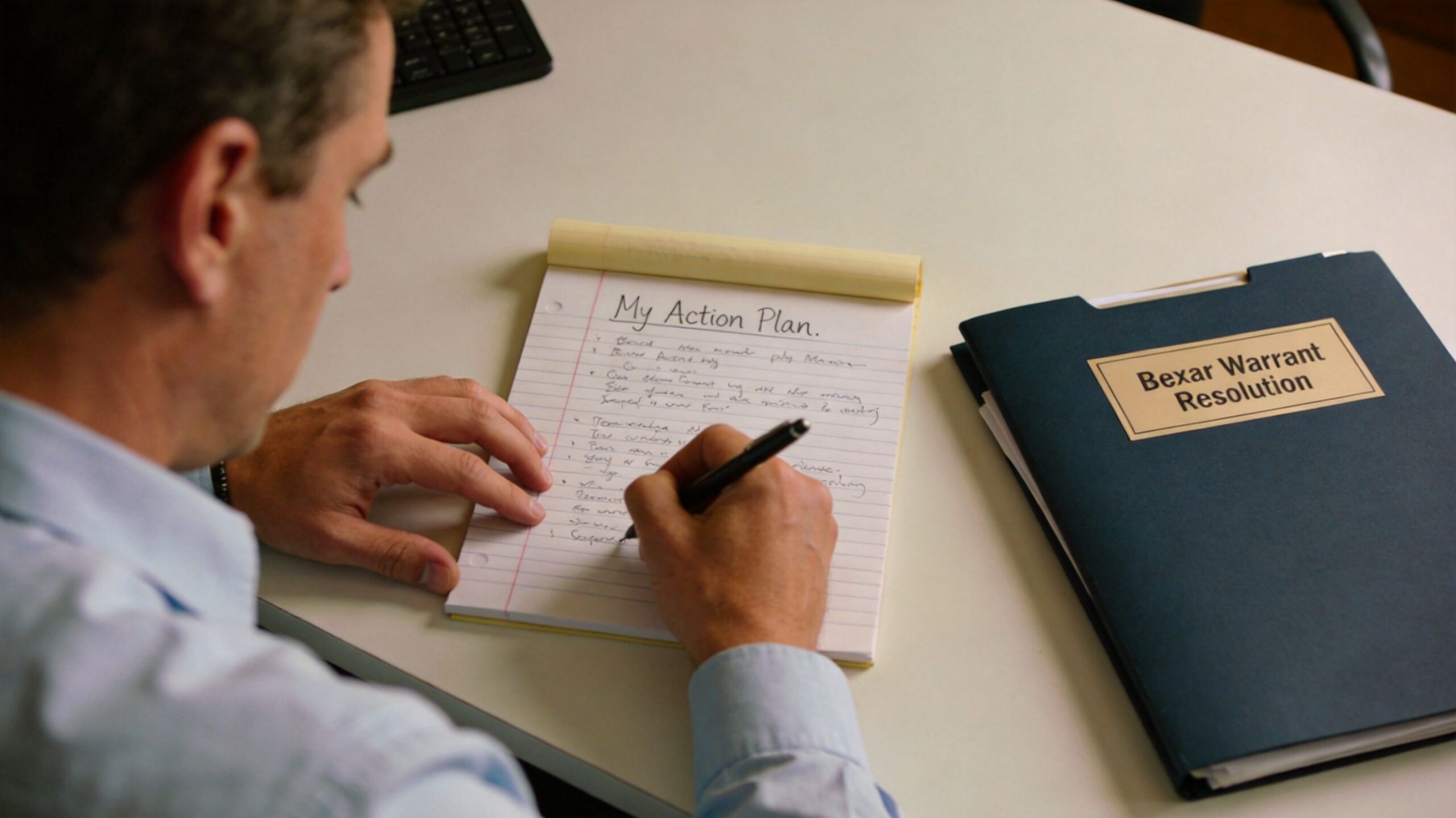 A man in a light blue shirt writes on a notepad labeled My Action Plan at a desk.