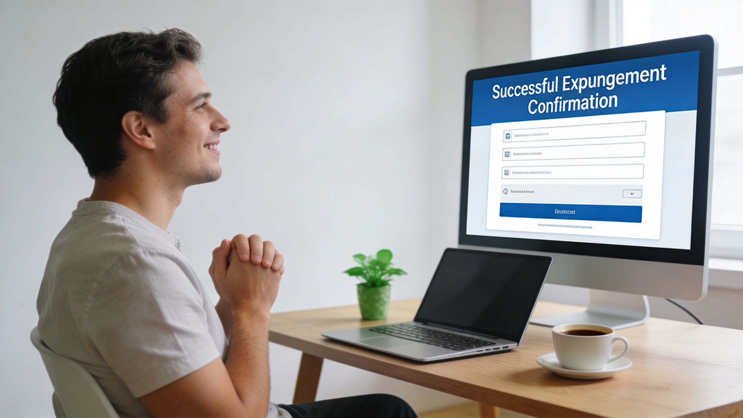 A happy man sitting at his desk looking at a screen displaying a successful expungement confirmation message.