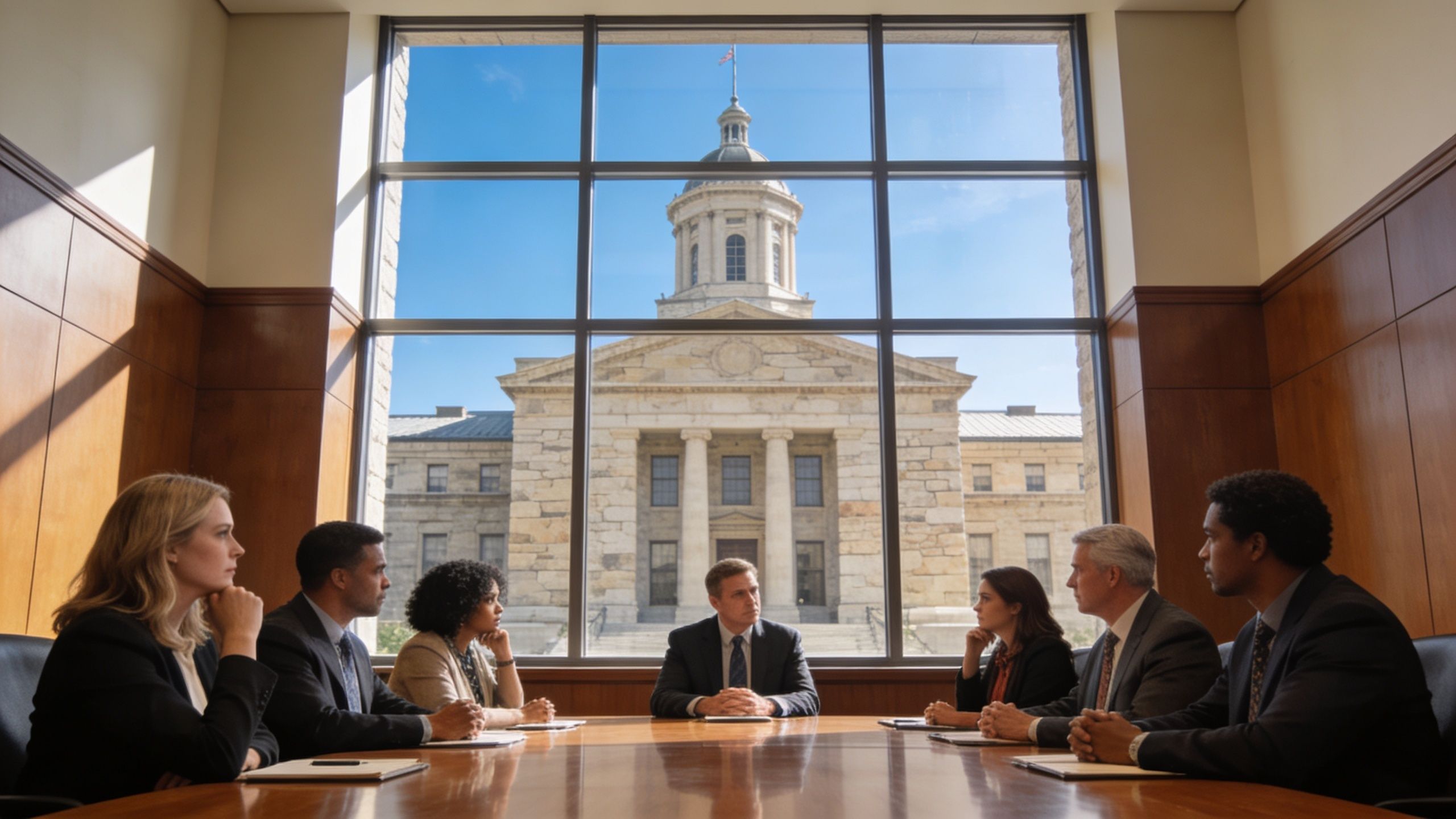 A diverse group of professionals in suits sitting around a conference table in an office boardroom.