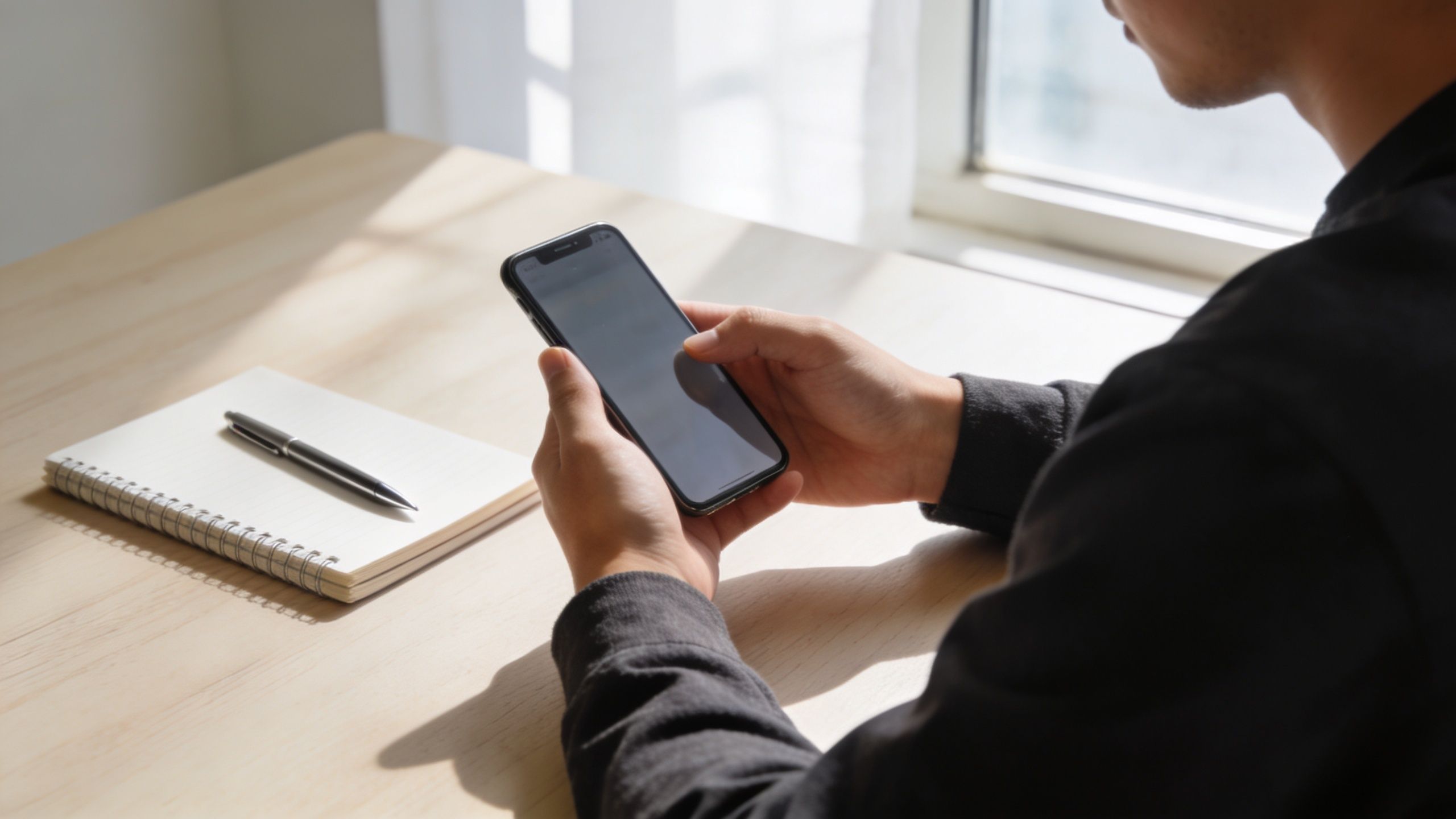 A person sitting at a desk with a notebook and pen while using a smartphone