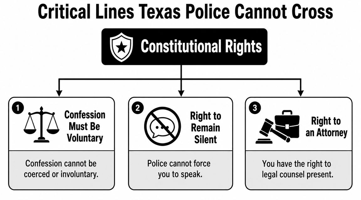 An infographic titled Critical Lines Texas Police Cannot Cross, outlining rights to silence, counsel, and voluntary confessions.