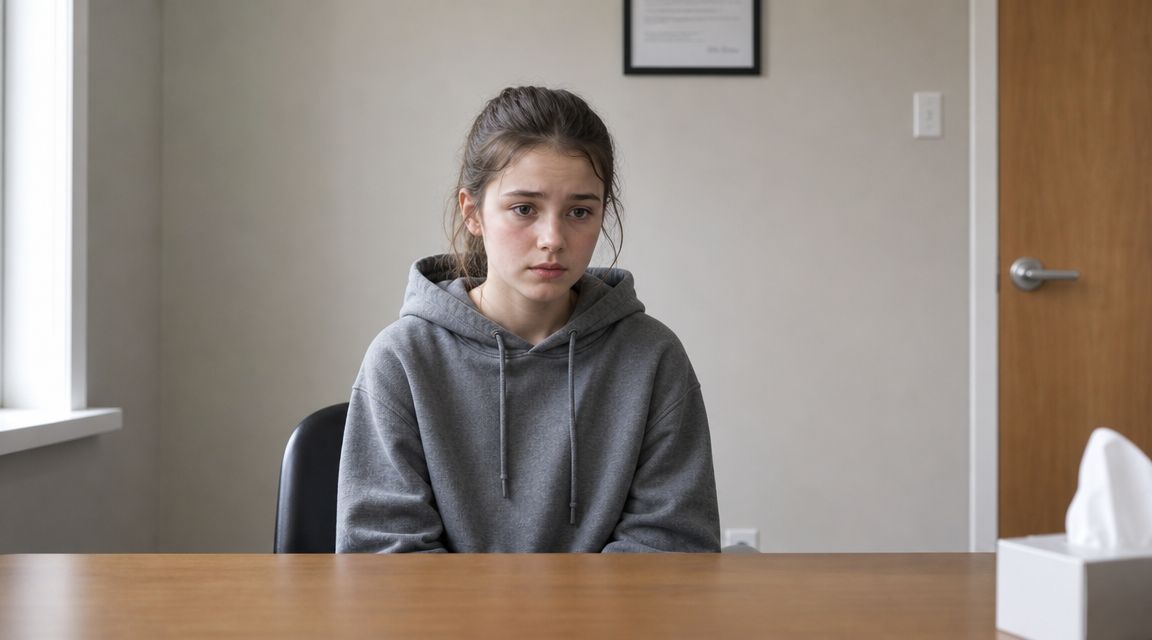 A young woman wearing a gray hoodie sits at a desk looking distressed during an interrogation.