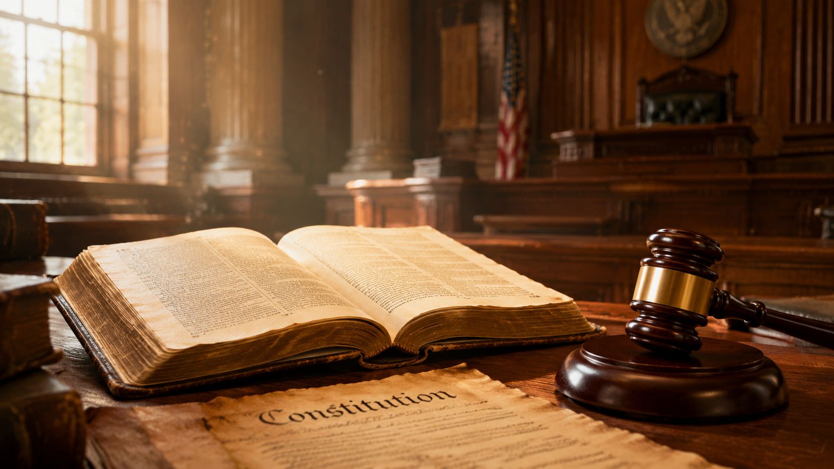 An open law book and a gavel placed on a wooden desk inside a courtroom.
