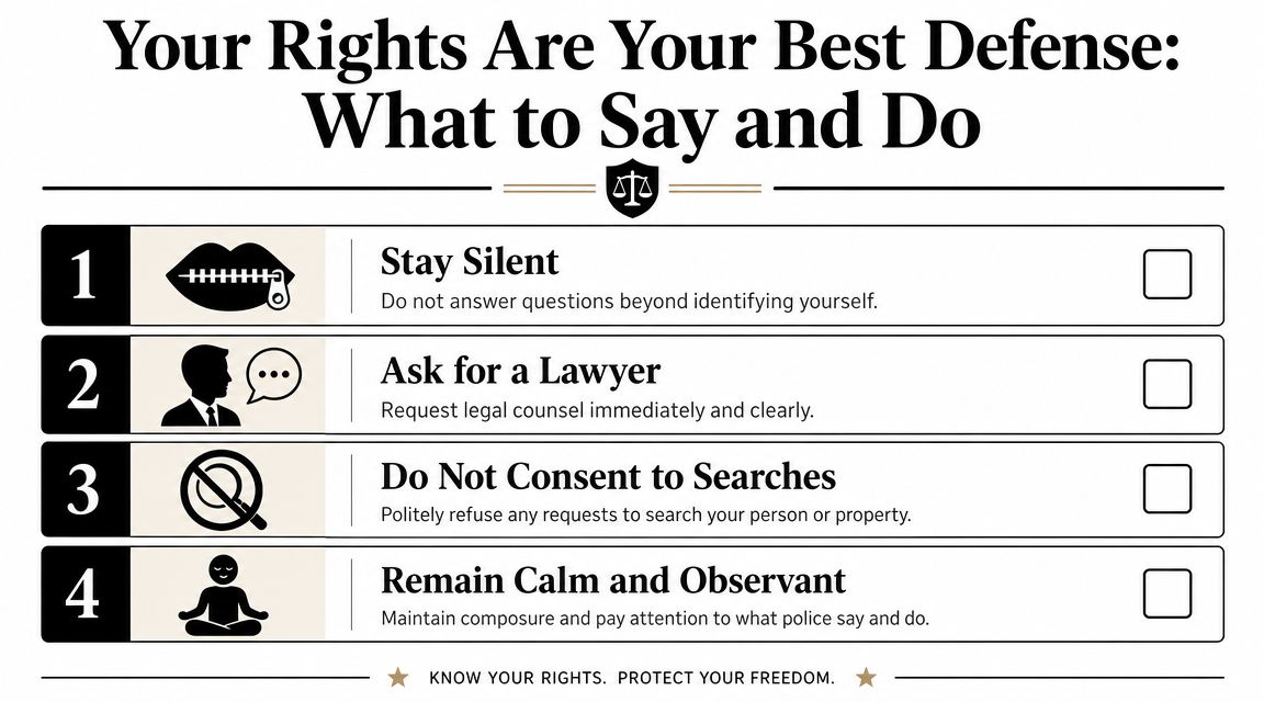 An infographic titled Your Rights Are Your Best Defense listing four steps for dealing with police interactions.
